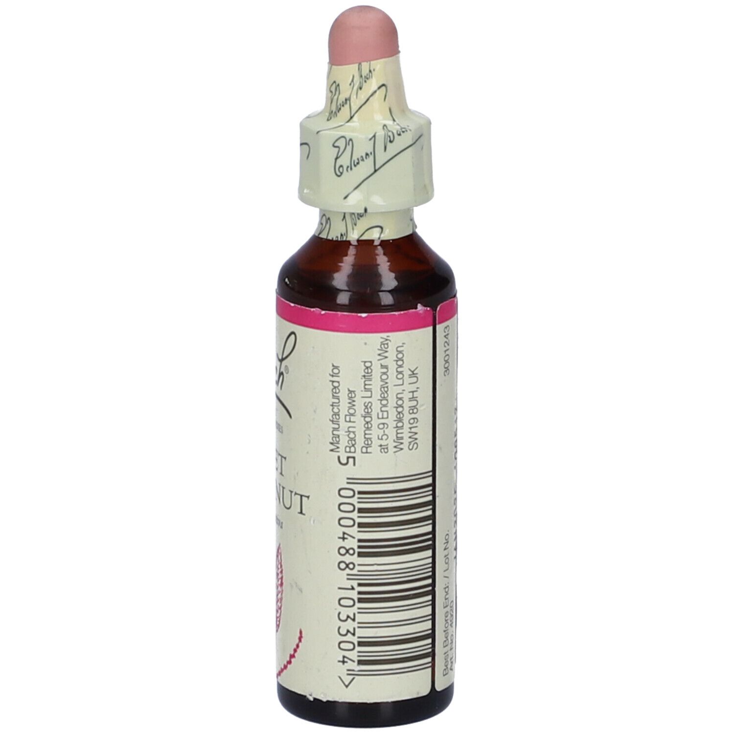 Flacone marrone con tappo rosa. Etichetta con testo e codice a barre.