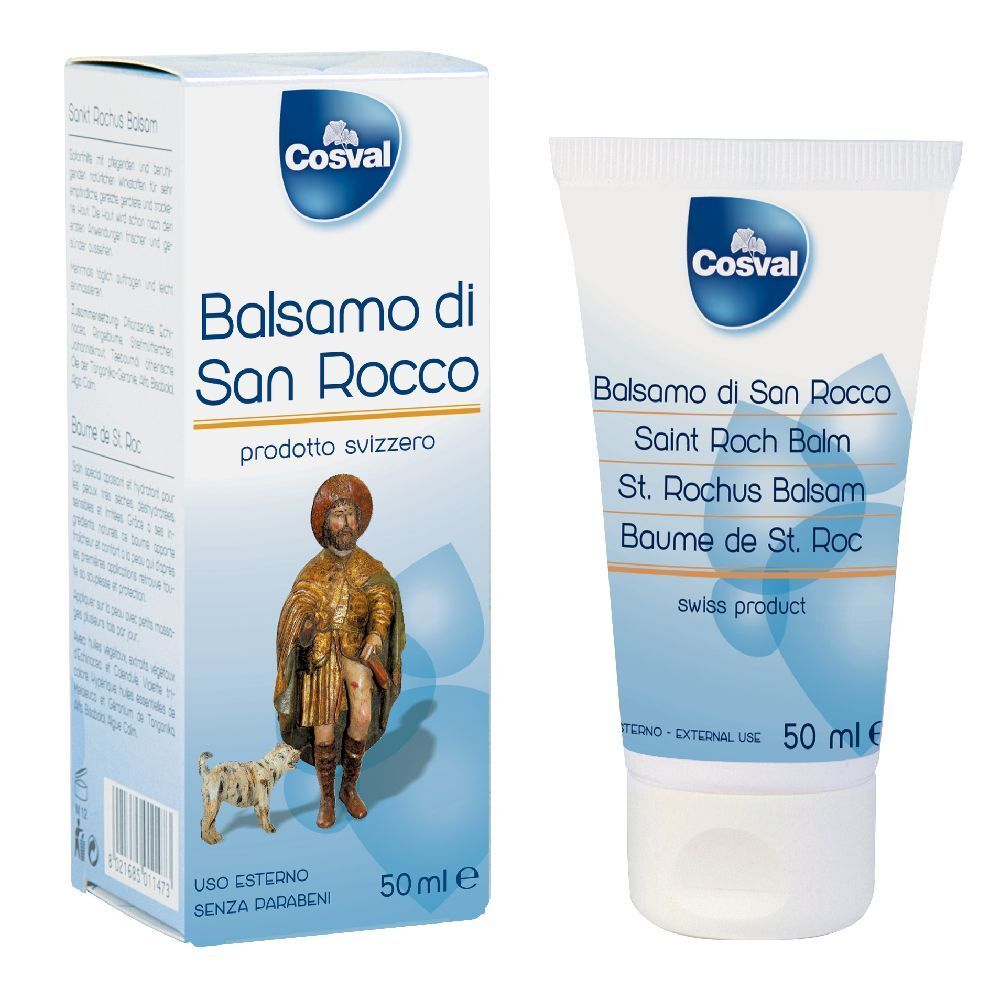 Tubo e scatola di crema. Scritta: Balsamo di San Rocco, Cosval. Prodotto svizzero. 50 ml.