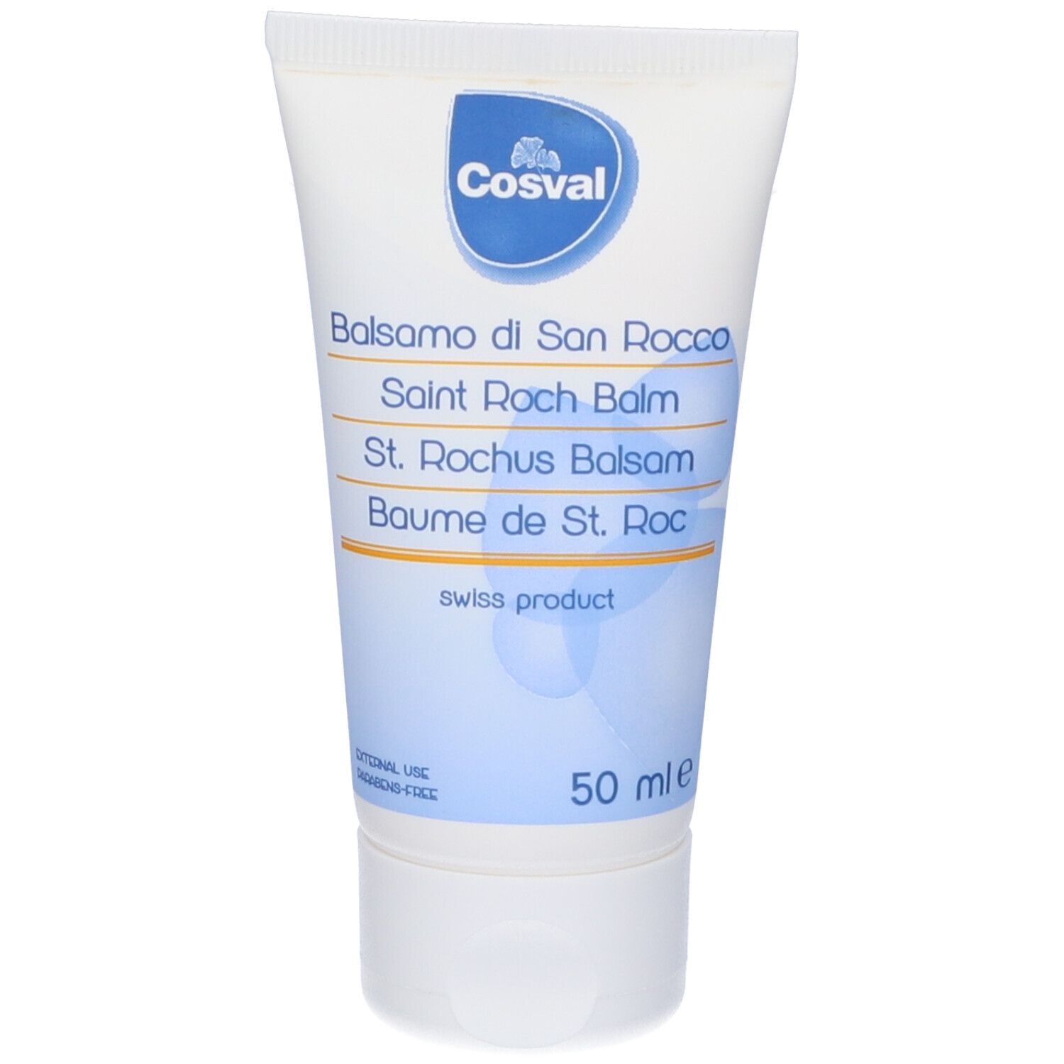 Tubo di crema. Scritta: Balsamo di San Rocco, Cosval. Saint Roch Balm, St. Rochus Balsam, Baume de St. Roc. 50 ml.