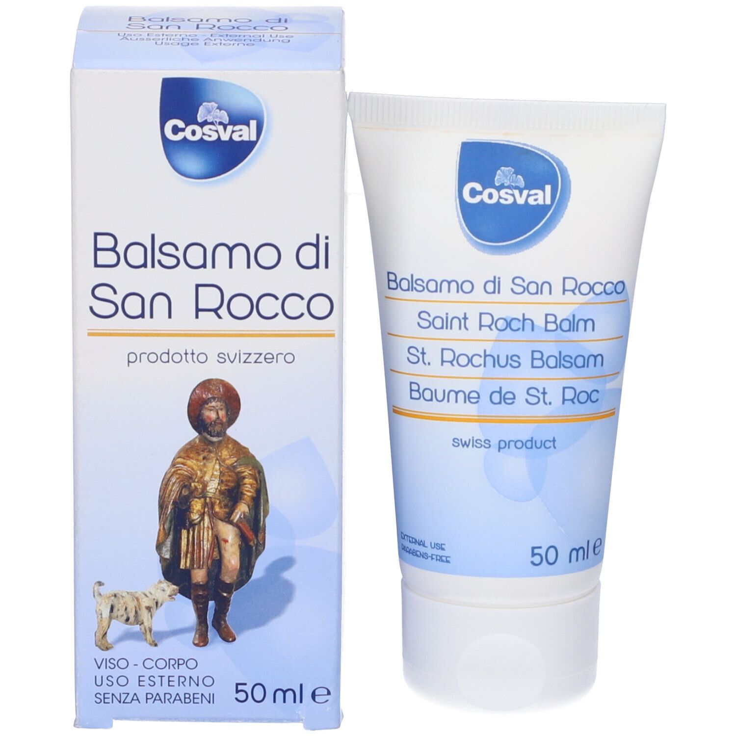 Tubo e scatola di crema. Scritta: Balsamo di San Rocco, Cosval. Prodotto svizzero. 50 ml.