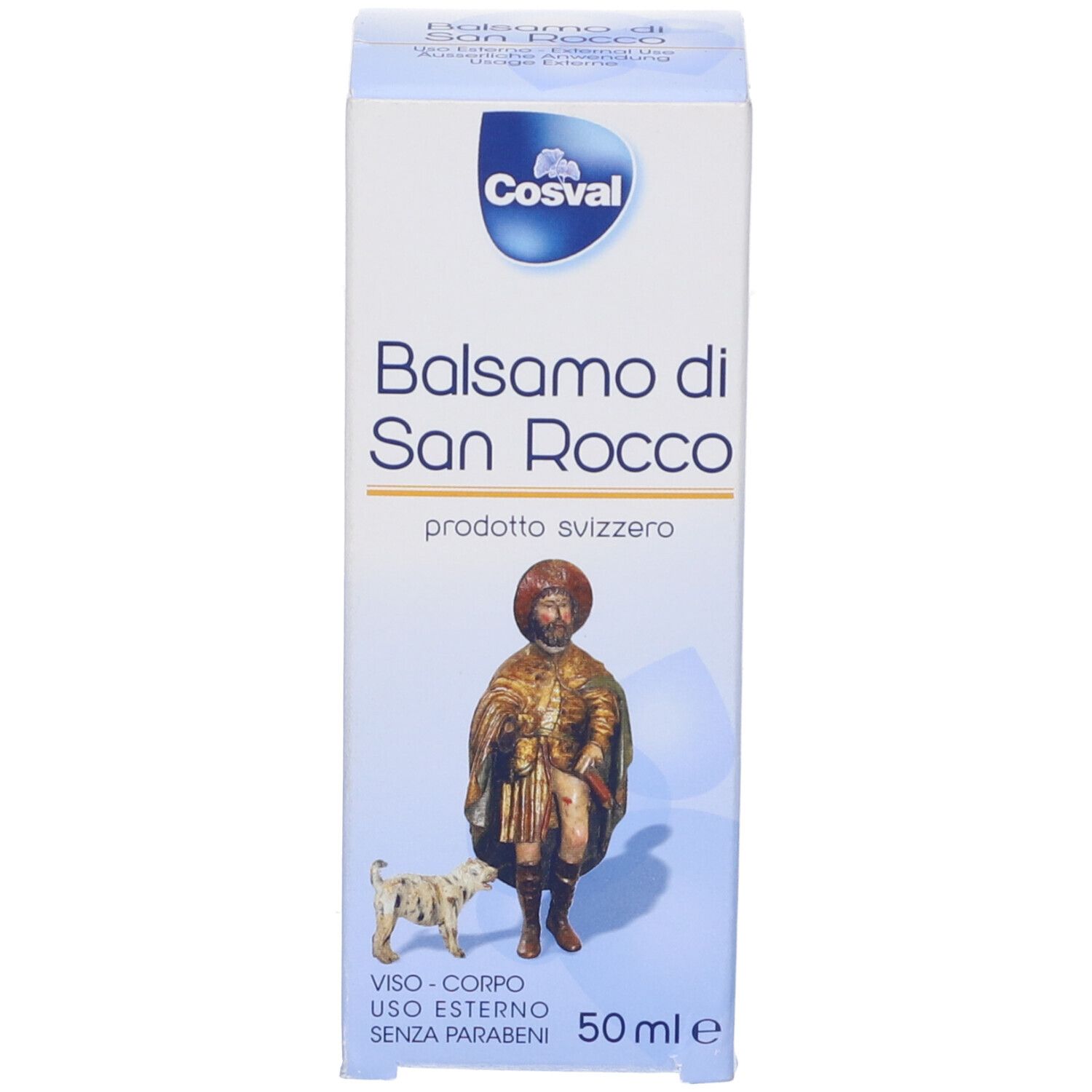 Scatola. Scritta: Balsamo di San Rocco, Cosval. Prodotto svizzero. 50 ml.