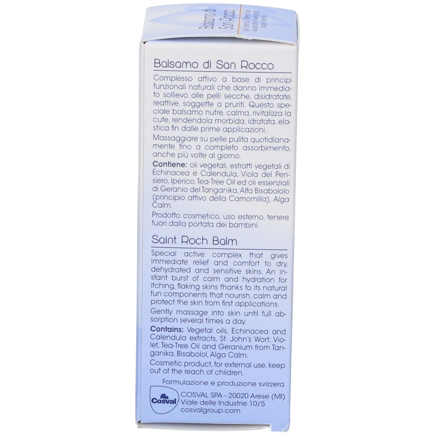 Scatola. Retro con testo. Scritta: Balsamo di San Rocco, Saint Roch Balm, St. Rochus Balsam, Baume de St. Roc.