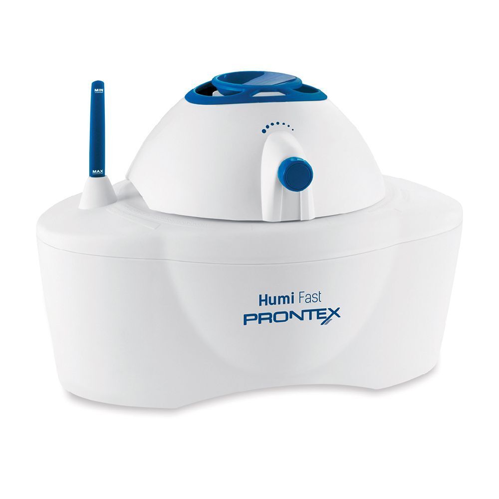 Umidificatore bianco con coperchio e comandi blu. Scritta "Humi Fast PRONTEX".