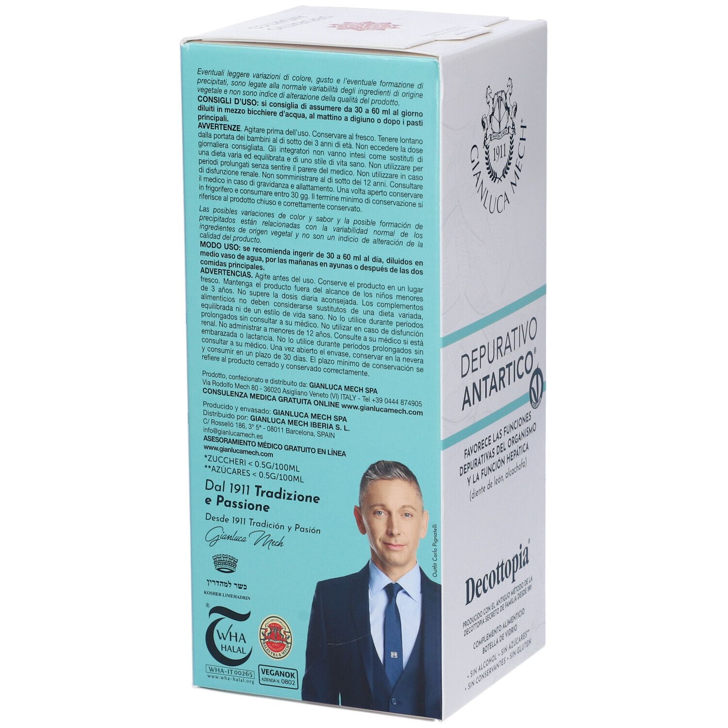 Confezione del prodotto con testo e immagine di una persona. Marchio: Decottopia® Depurativo Antartico. Testo in italiano.