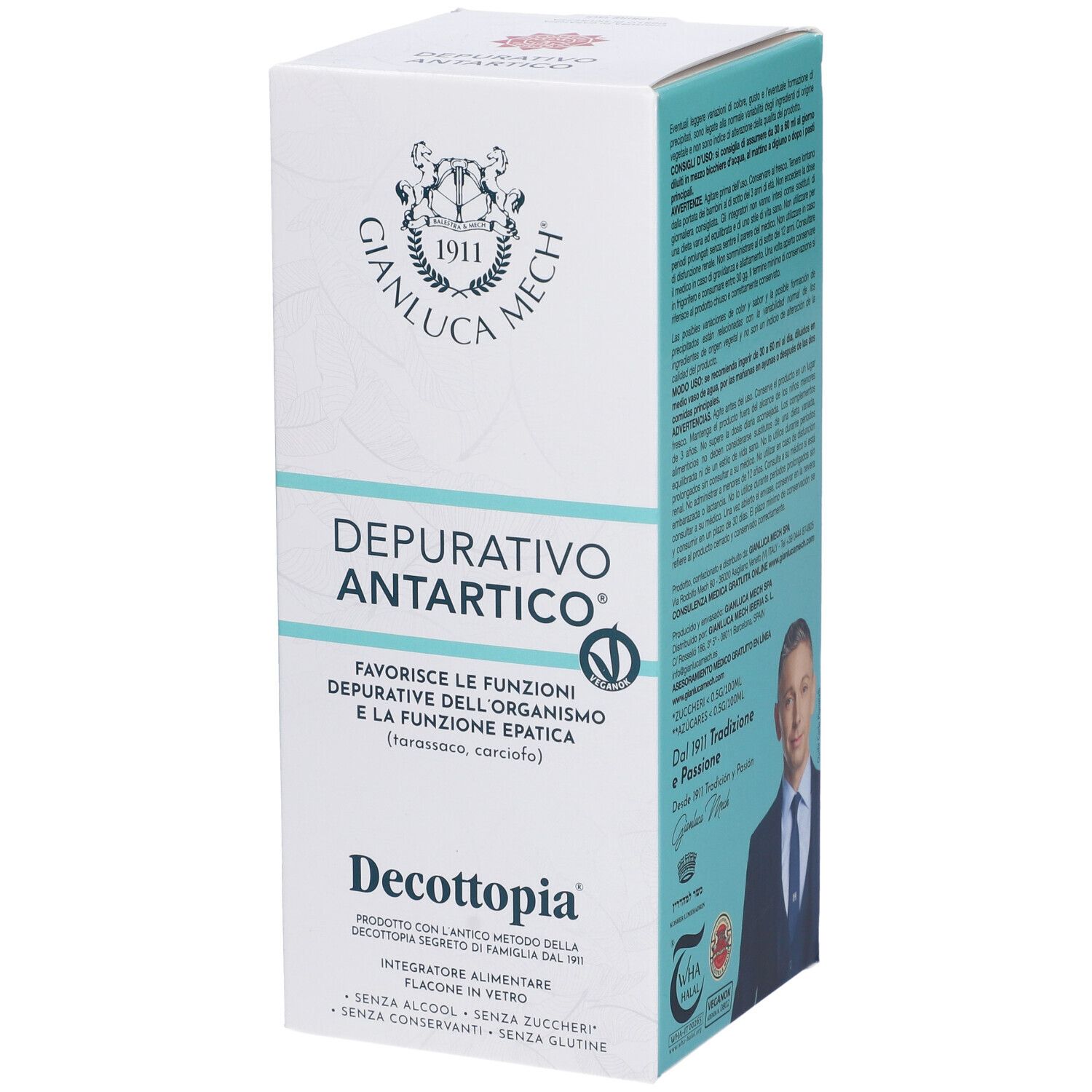 Confezione del prodotto con testo e logo. Marchio: Decottopia® Depurativo Antartico. Testo in italiano.