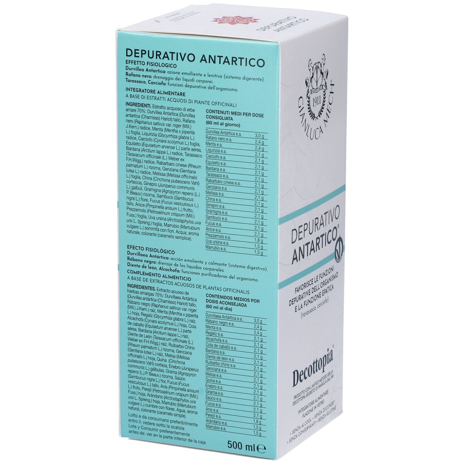 Confezione del prodotto con testo. Marchio: Decottopia® Depurativo Antartico. Testo in italiano. Volume: 500 ml.
