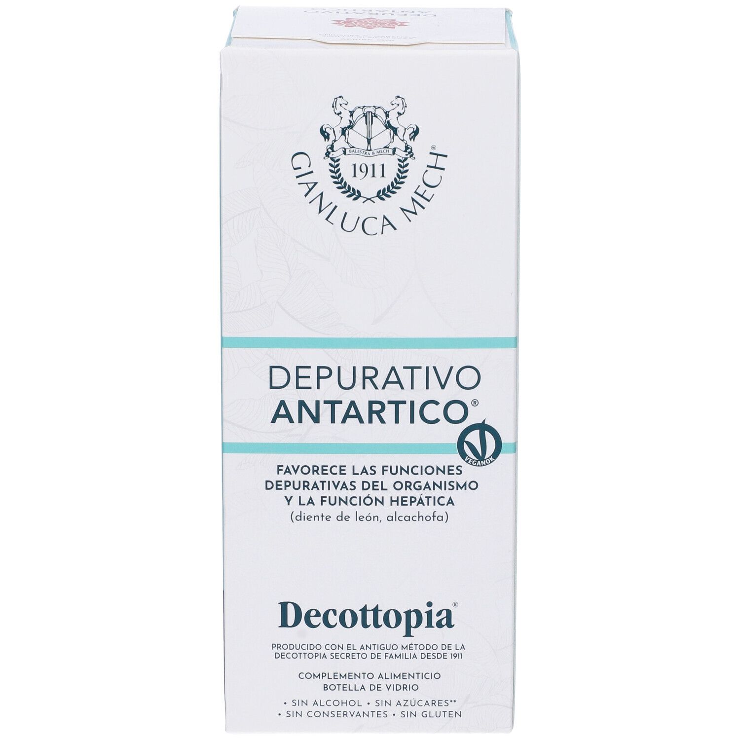 Scatola bianca con nome e logo del prodotto. Marchio: Decottopia® Depurativo Antartico. Testo in italiano.