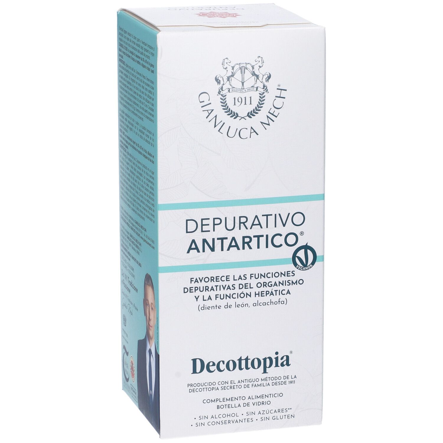 Confezione del prodotto con testo e immagine di una persona. Marchio: Decottopia® Depurativo Antartico. Testo in italiano.