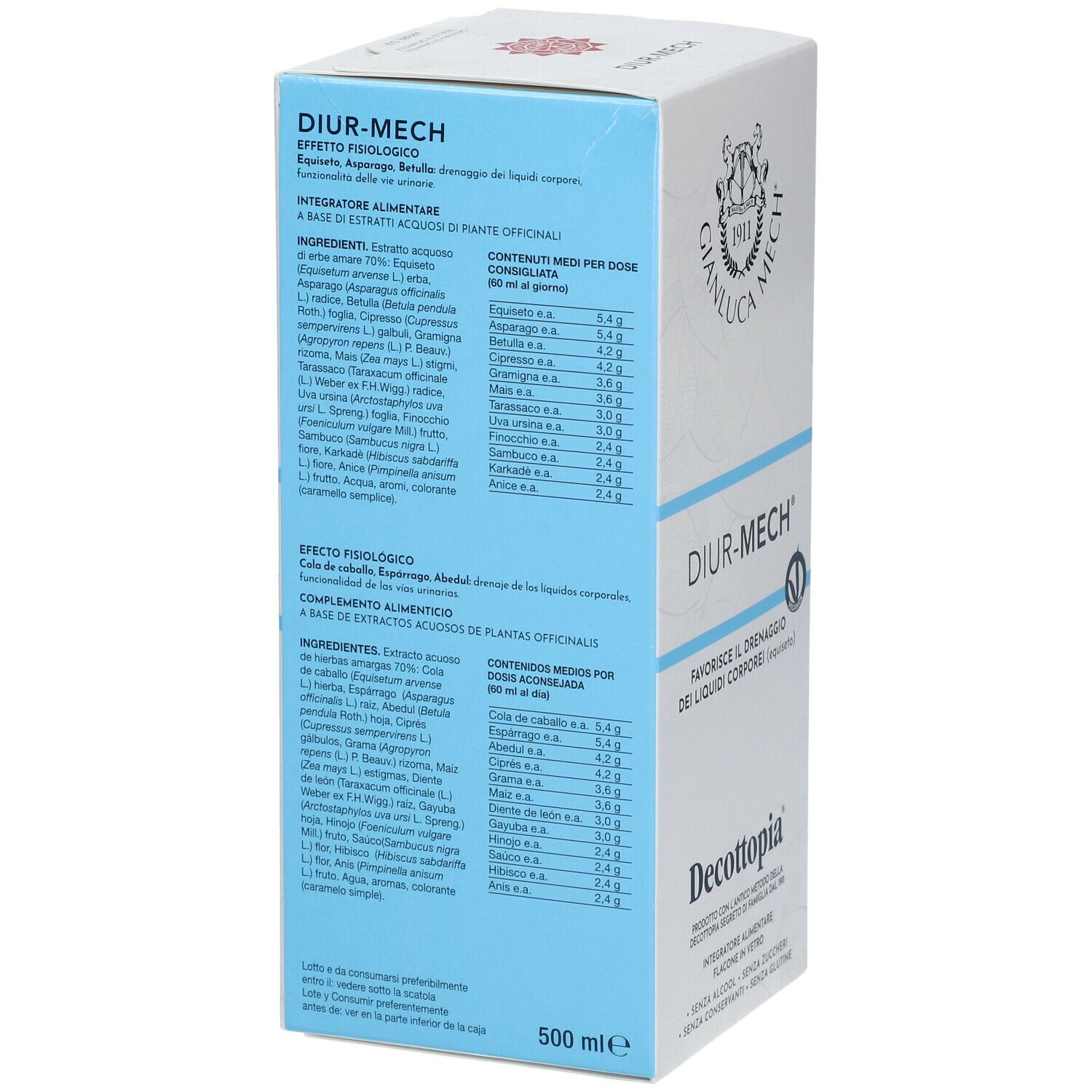 Confezione Diur-Mech. Bianca e blu. Contiene informazioni sugli ingredienti e i valori nutrizionali. Testo: Diur-Mech, Decottopia.