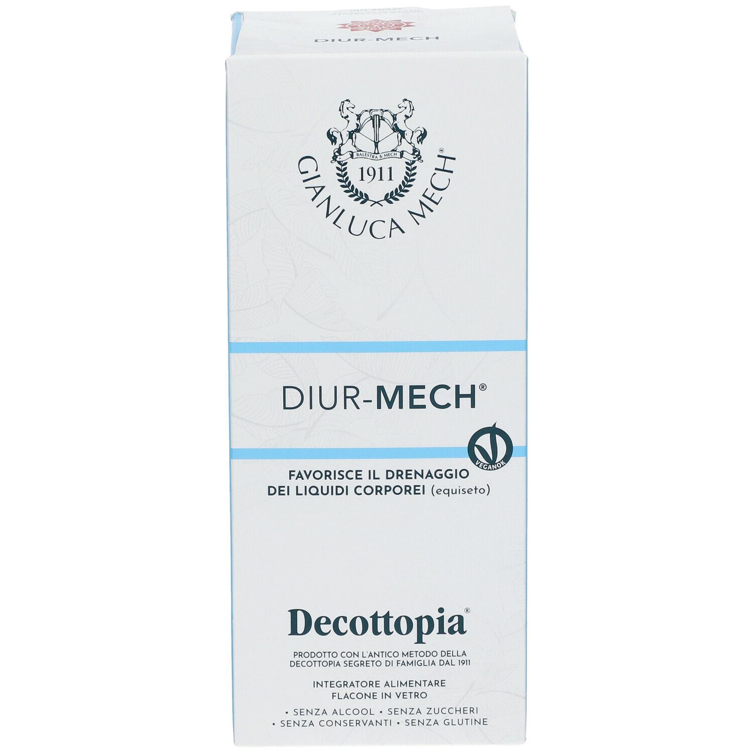 Confezione Diur-Mech. Bianca e blu. Testo: Diur-Mech, Decottopia, Gianluca Mech. Contiene informazioni sul prodotto.
