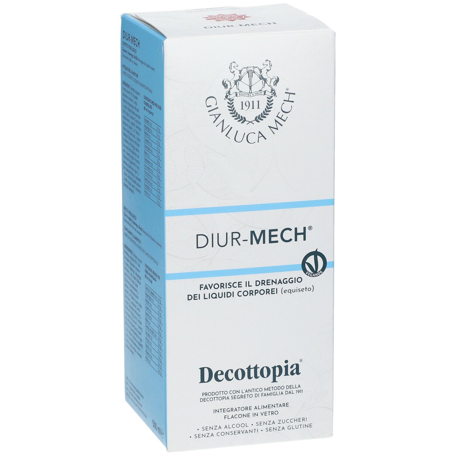 Confezione Diur-Mech. Bianca e blu. Testo: Diur-Mech, Decottopia, Gianluca Mech. Contiene informazioni sul prodotto.
