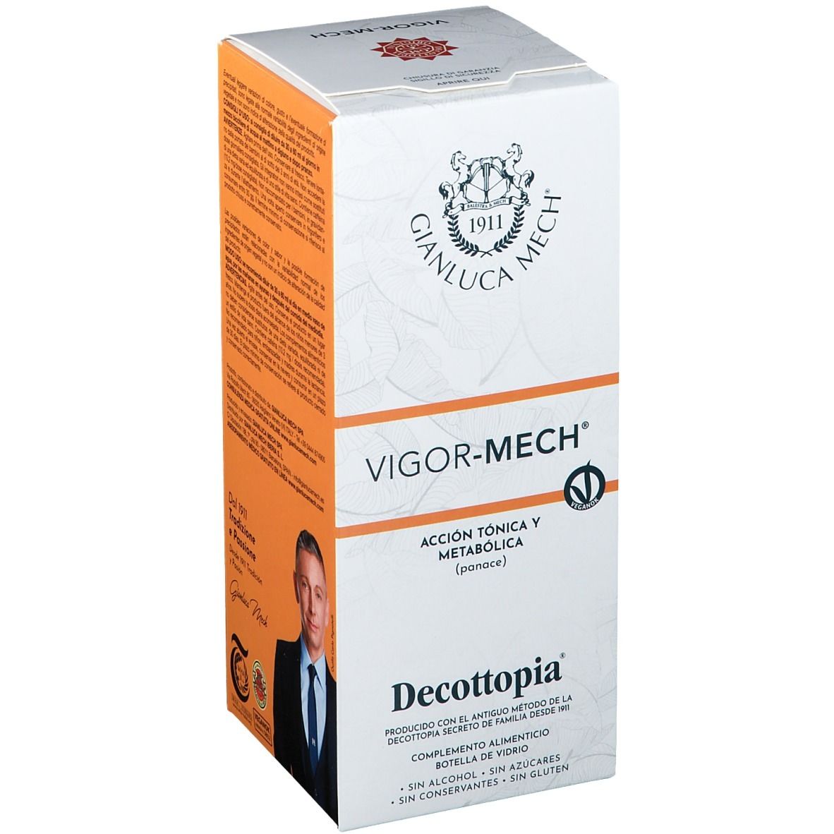 Confezione Vigor-Mech®. Scatola bianca e arancione con nome del prodotto, logo e testo. Contiene informazioni sugli ingredienti.