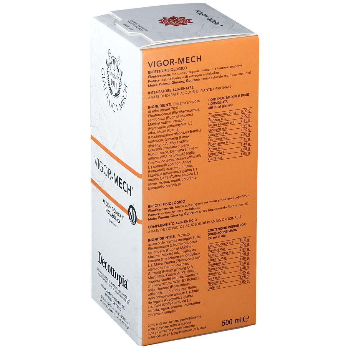 Confezione Vigor-Mech®. Vista dettagliata degli ingredienti e delle informazioni nutrizionali. Contiene informazioni sugli ingredienti.