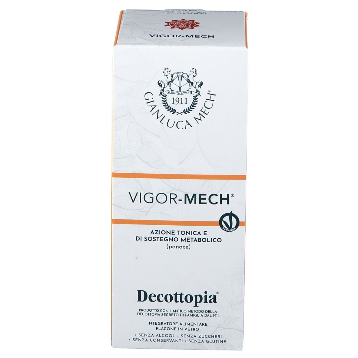 Confezione Vigor-Mech®. Scatola bianca e arancione con nome del prodotto, logo e testo. Contiene informazioni sugli ingredienti.