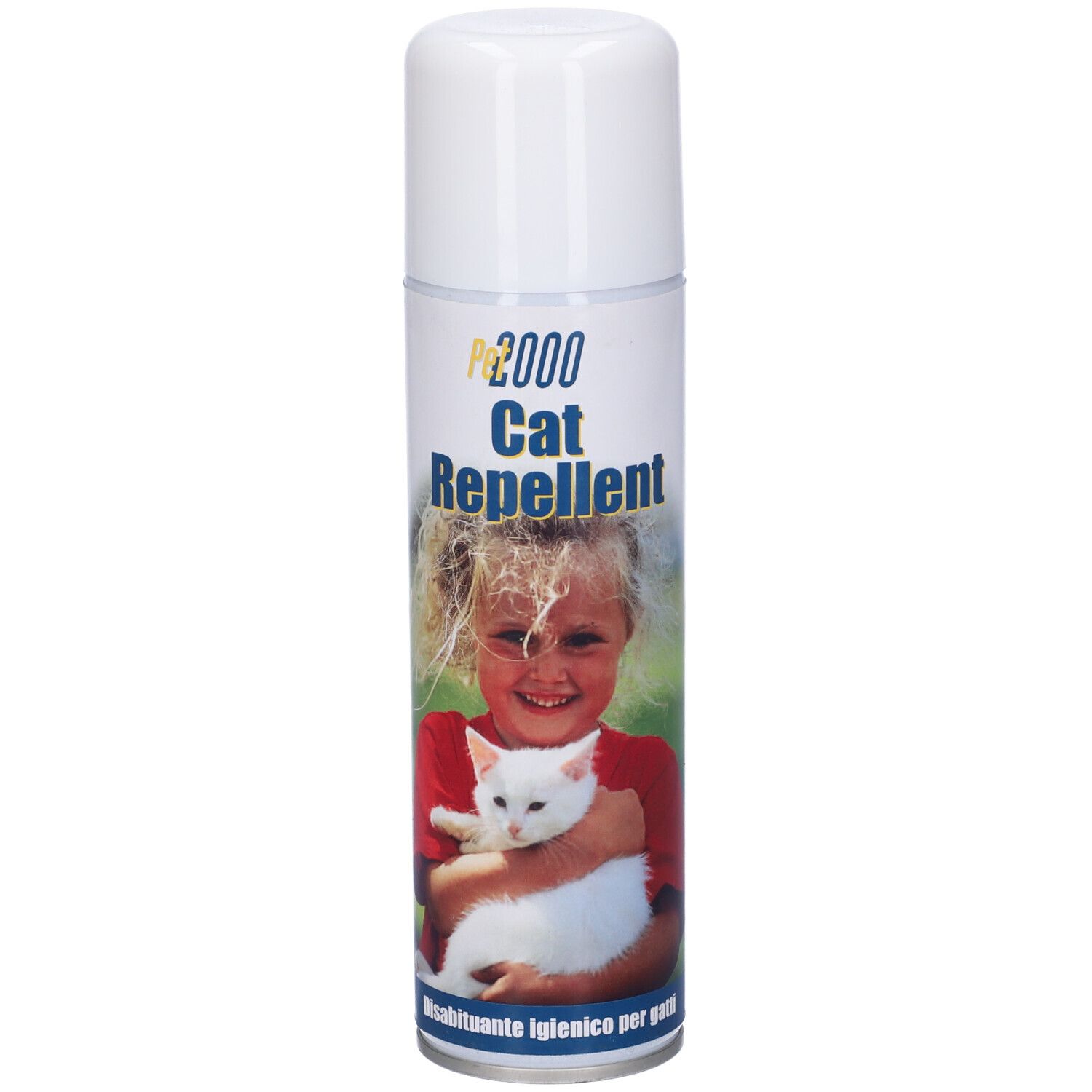Bomboletta spray cilindrica bianca. Scritta: Cat Repellent. Immagine: Bambina con gatto bianco.