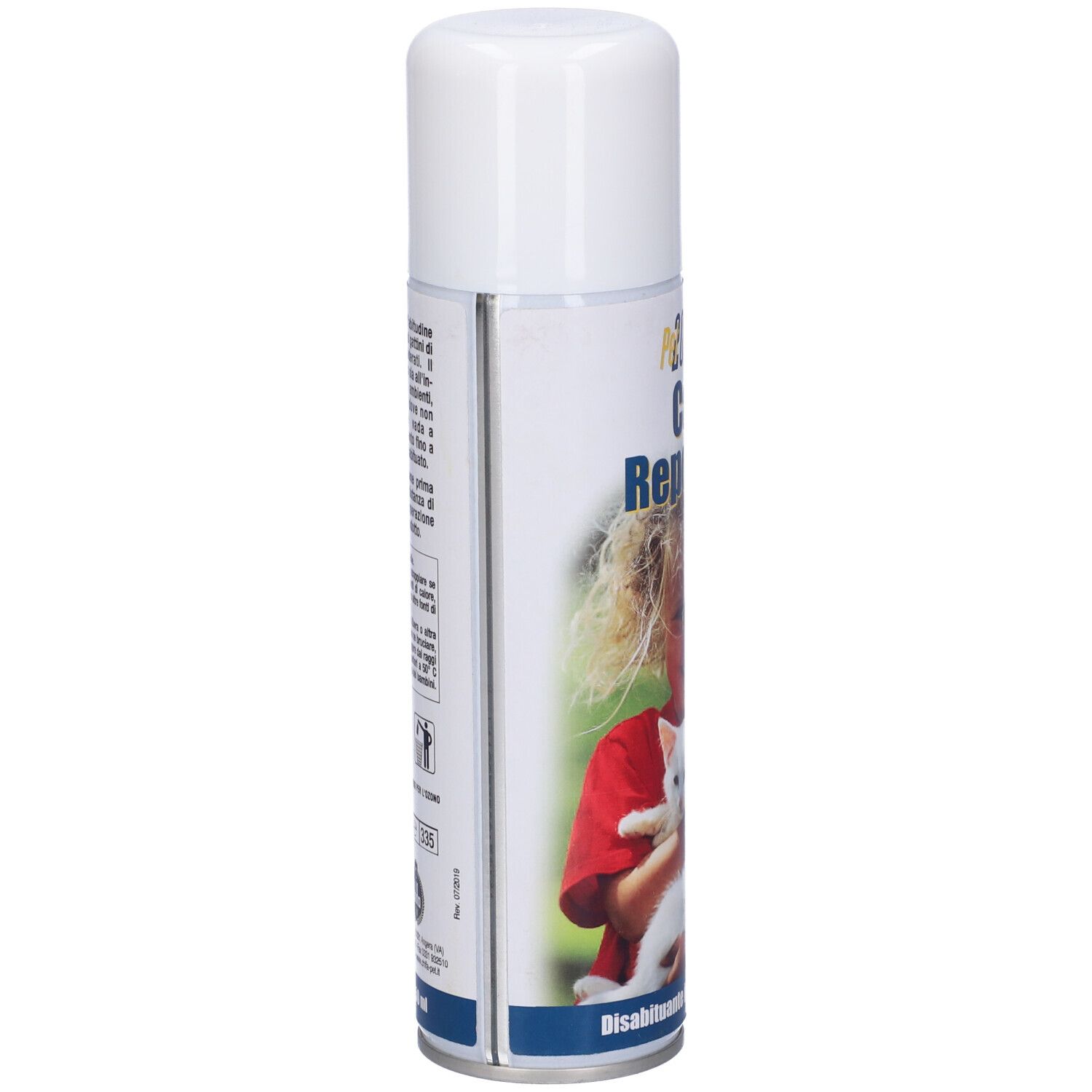Bomboletta spray cilindrica bianca. Scritta: Cat Repellent. Immagine: Bambina con gatto bianco.