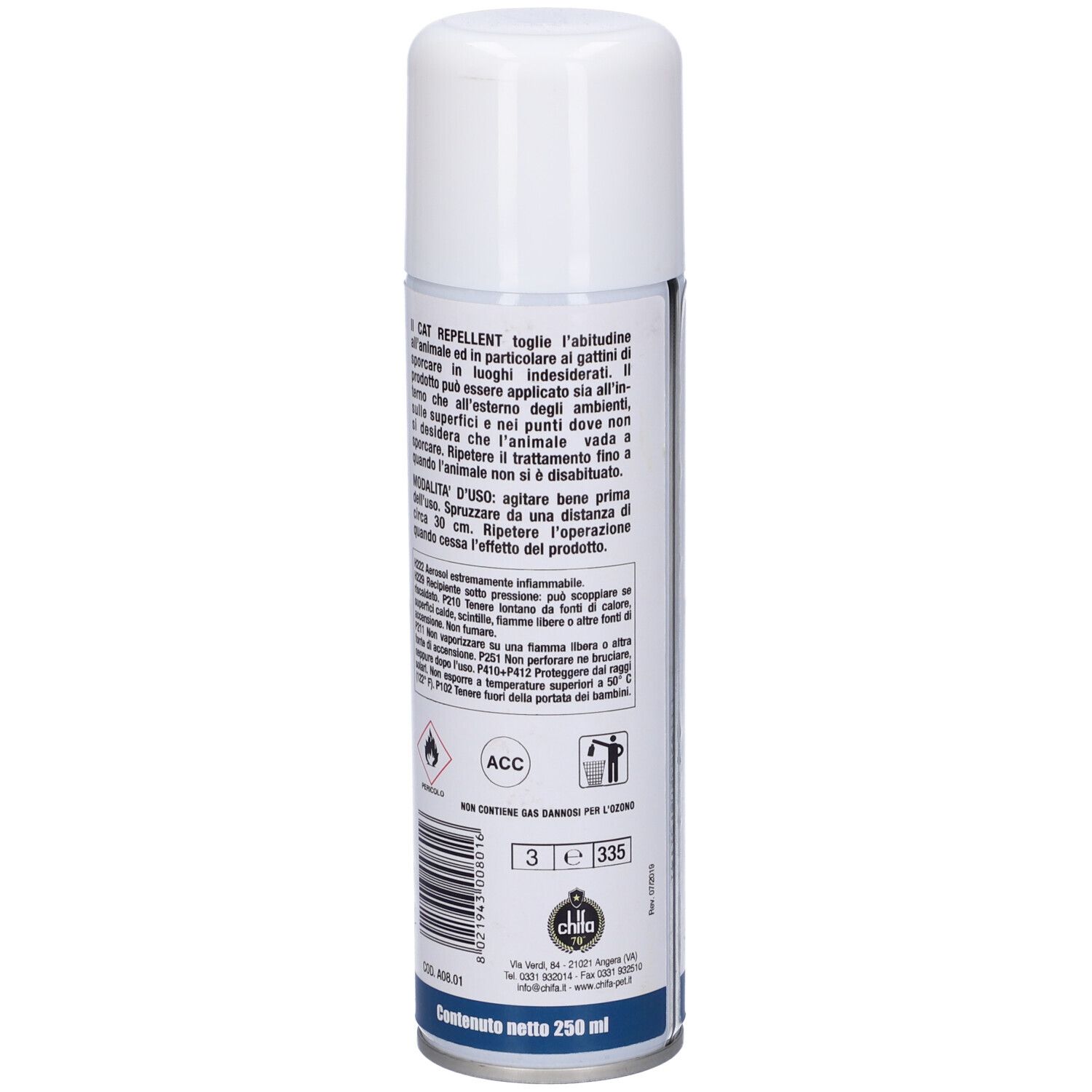 Bomboletta spray cilindrica bianca. Testo e pittogrammi sul lato.
