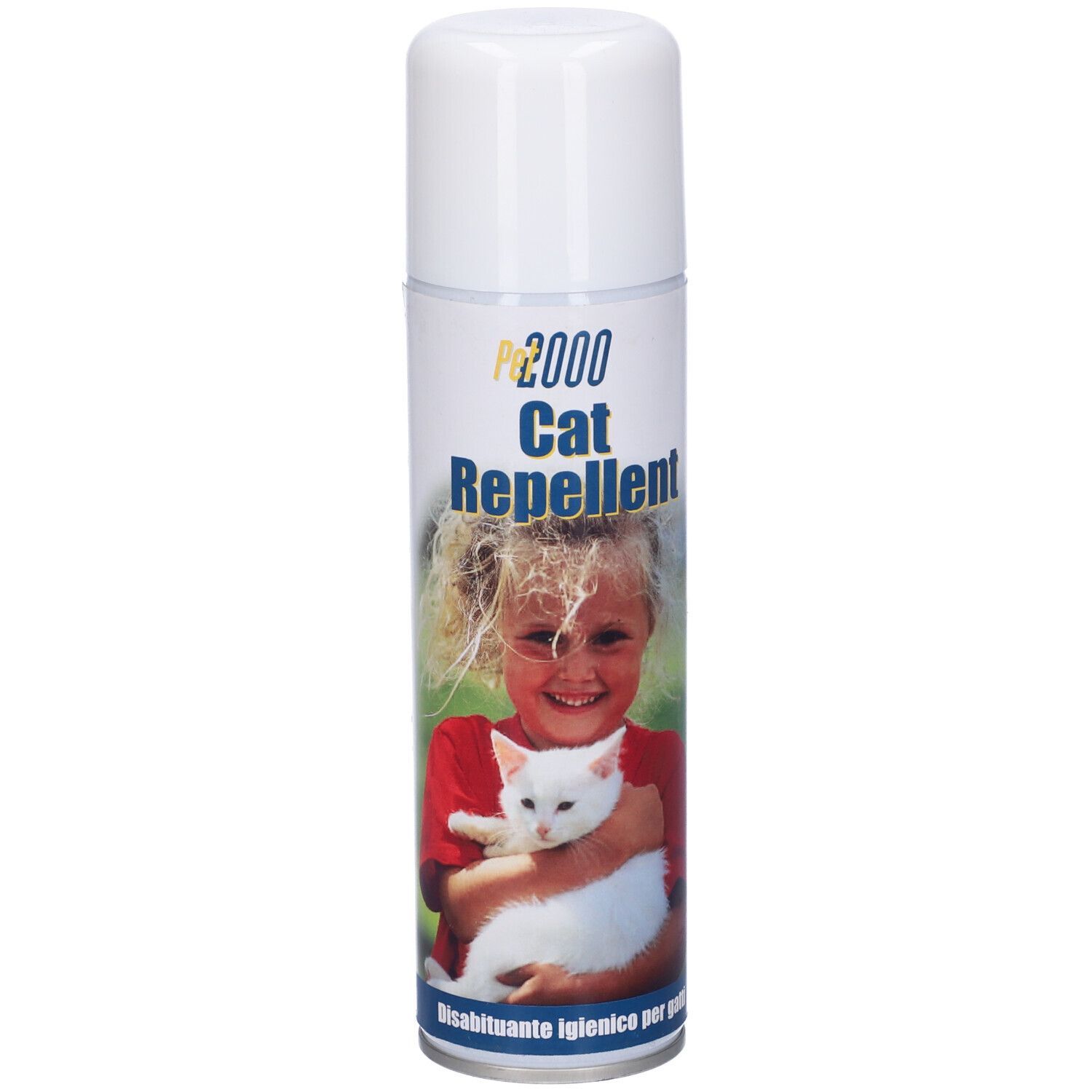Bomboletta spray cilindrica bianca. Scritta: Cat Repellent. Immagine: Bambina con gatto bianco.