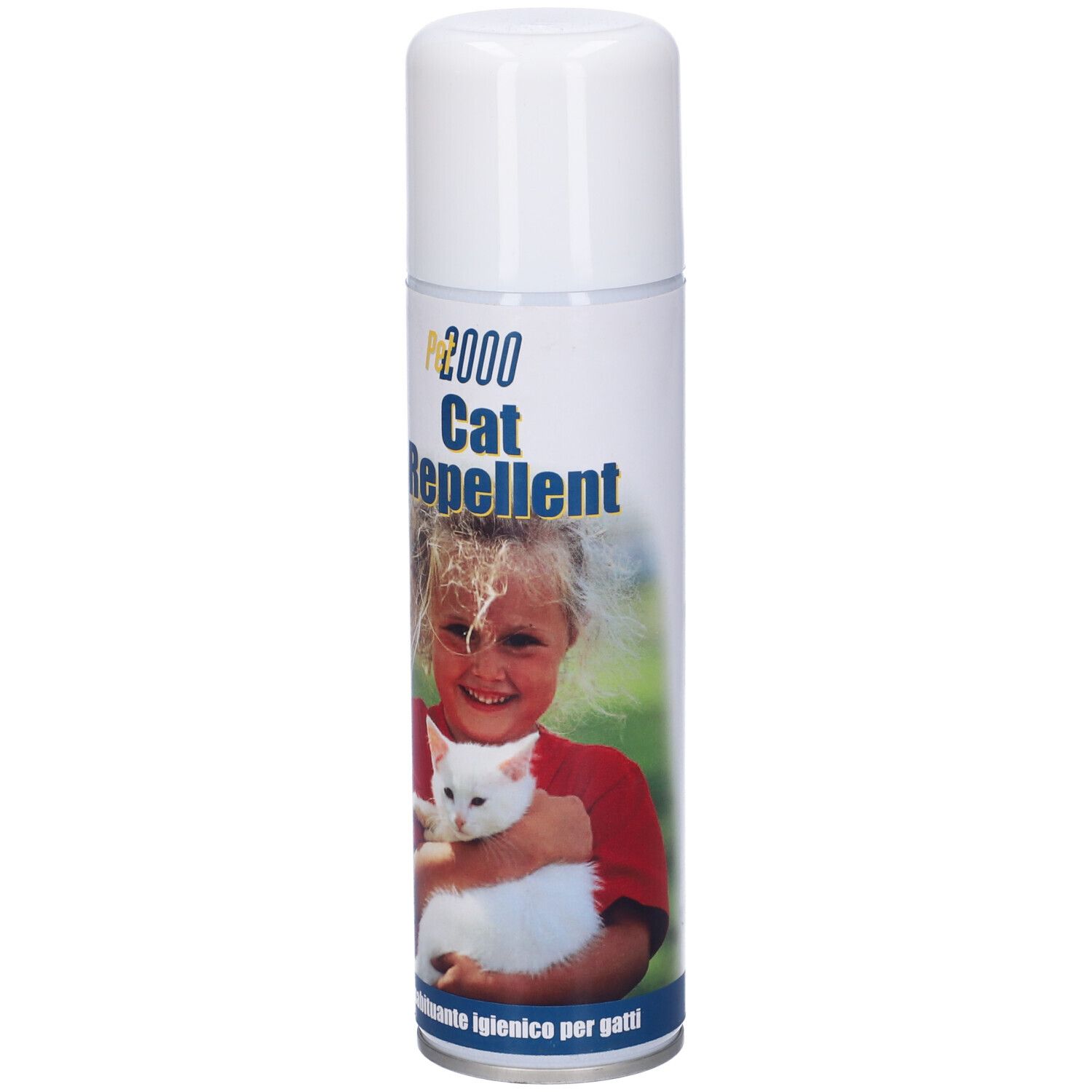 Bomboletta spray cilindrica bianca. Scritta: Cat Repellent. Immagine: Bambina con gatto bianco.