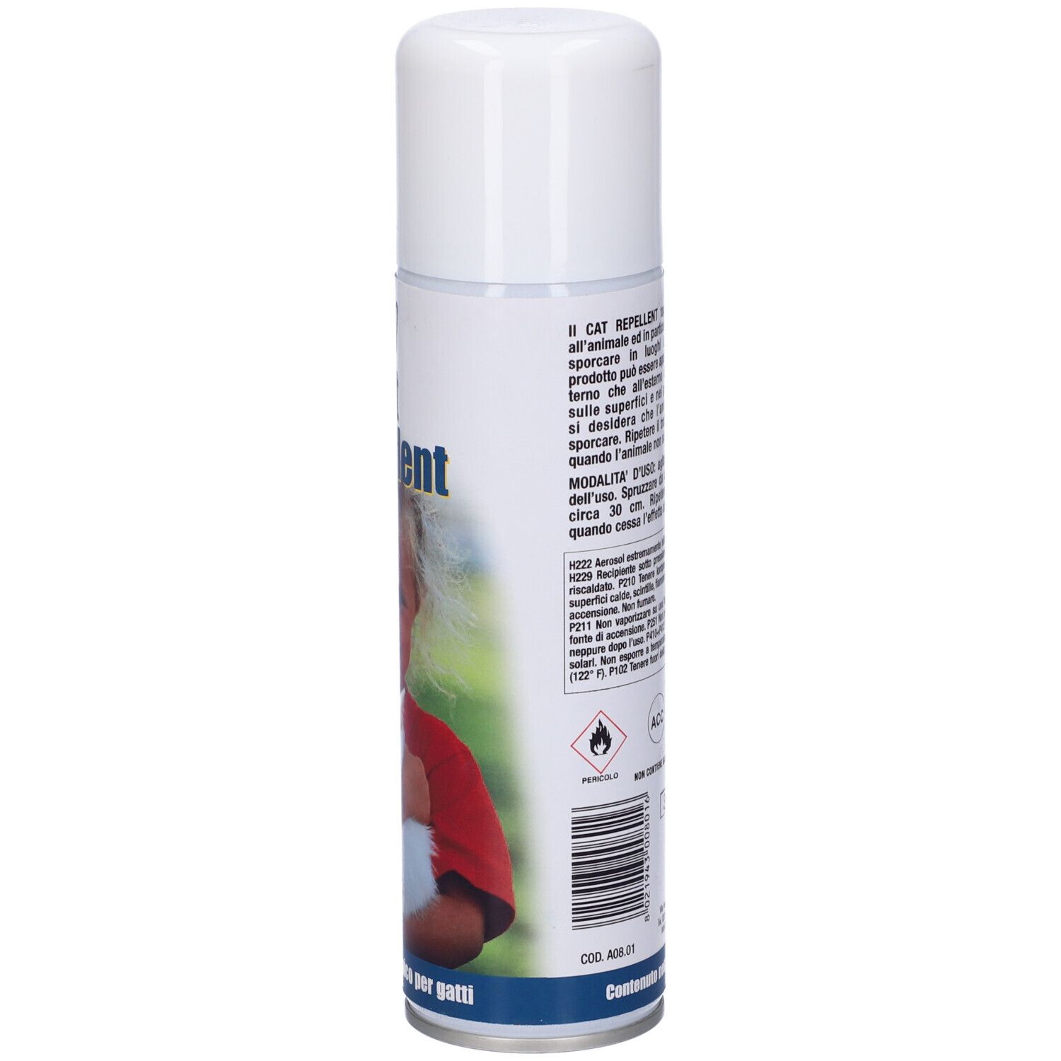 Bomboletta spray cilindrica bianca. Testo e pittogrammi sul lato.