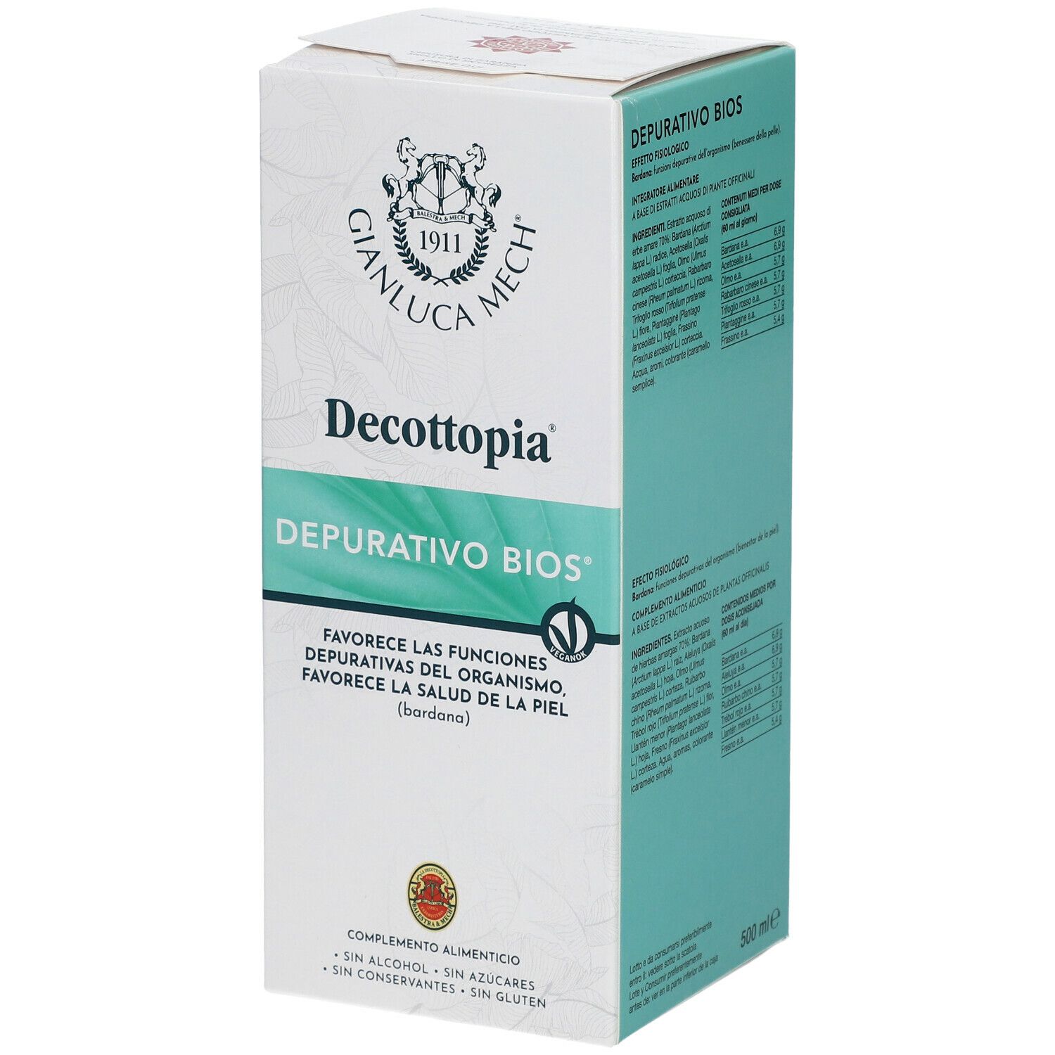 Confezione di GIANLUCA MECH® Deccottopia® Depurativo Bios®. Scatola bianca con nome e logo del prodotto. Contiene informazioni e il marchio V.