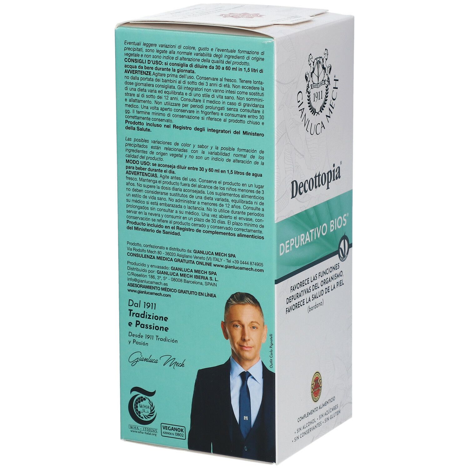 Retro della confezione GIANLUCA MECH® Deccottopia® Depurativo Bios®. Informazioni testuali, logo, immagine di Gianluca Mech. Contiene il marchio V.