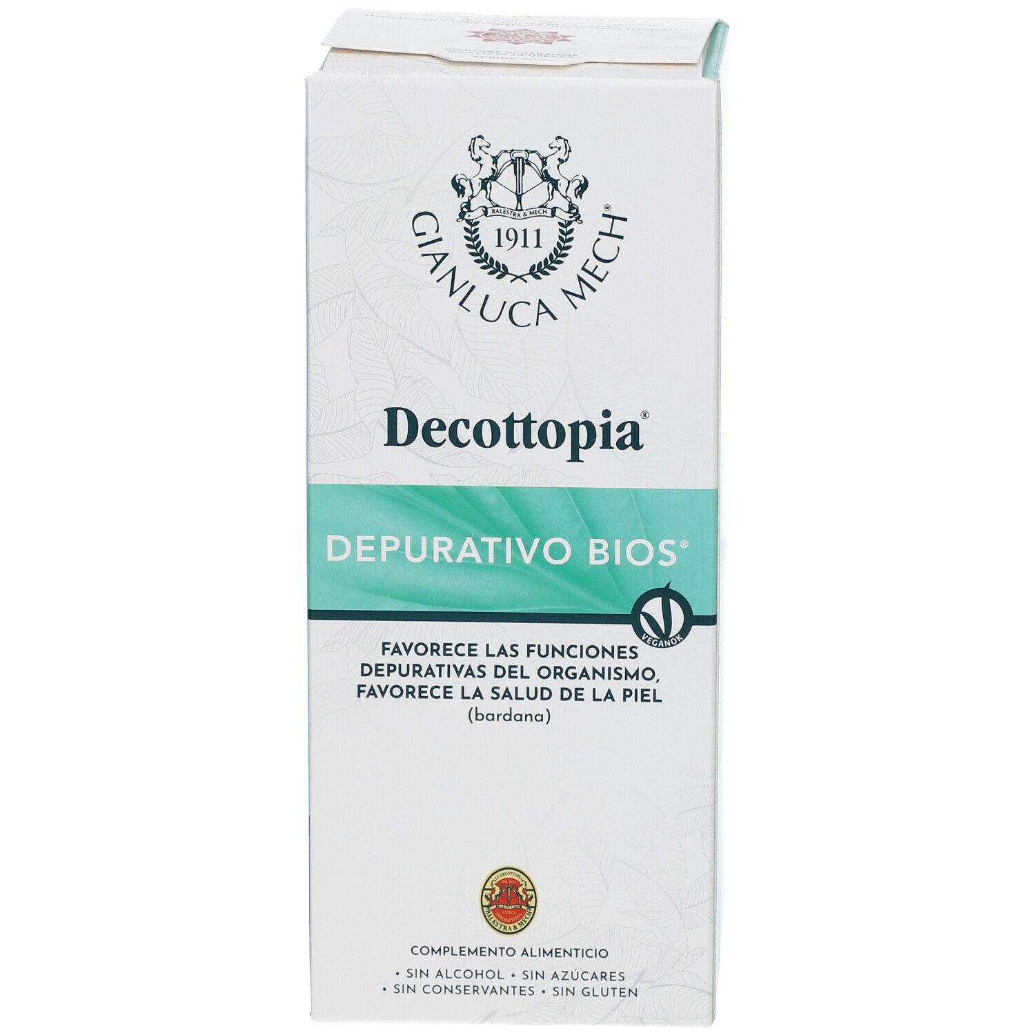 Fronte della confezione GIANLUCA MECH® Deccottopia® Depurativo Bios®. Scatola bianca con nome e logo del prodotto. Contiene il marchio V.