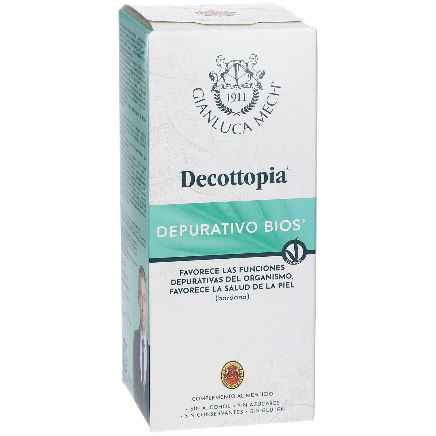 Fronte della confezione GIANLUCA MECH® Deccottopia® Depurativo Bios®. Scatola bianca con nome e logo del prodotto. Contiene il marchio V.