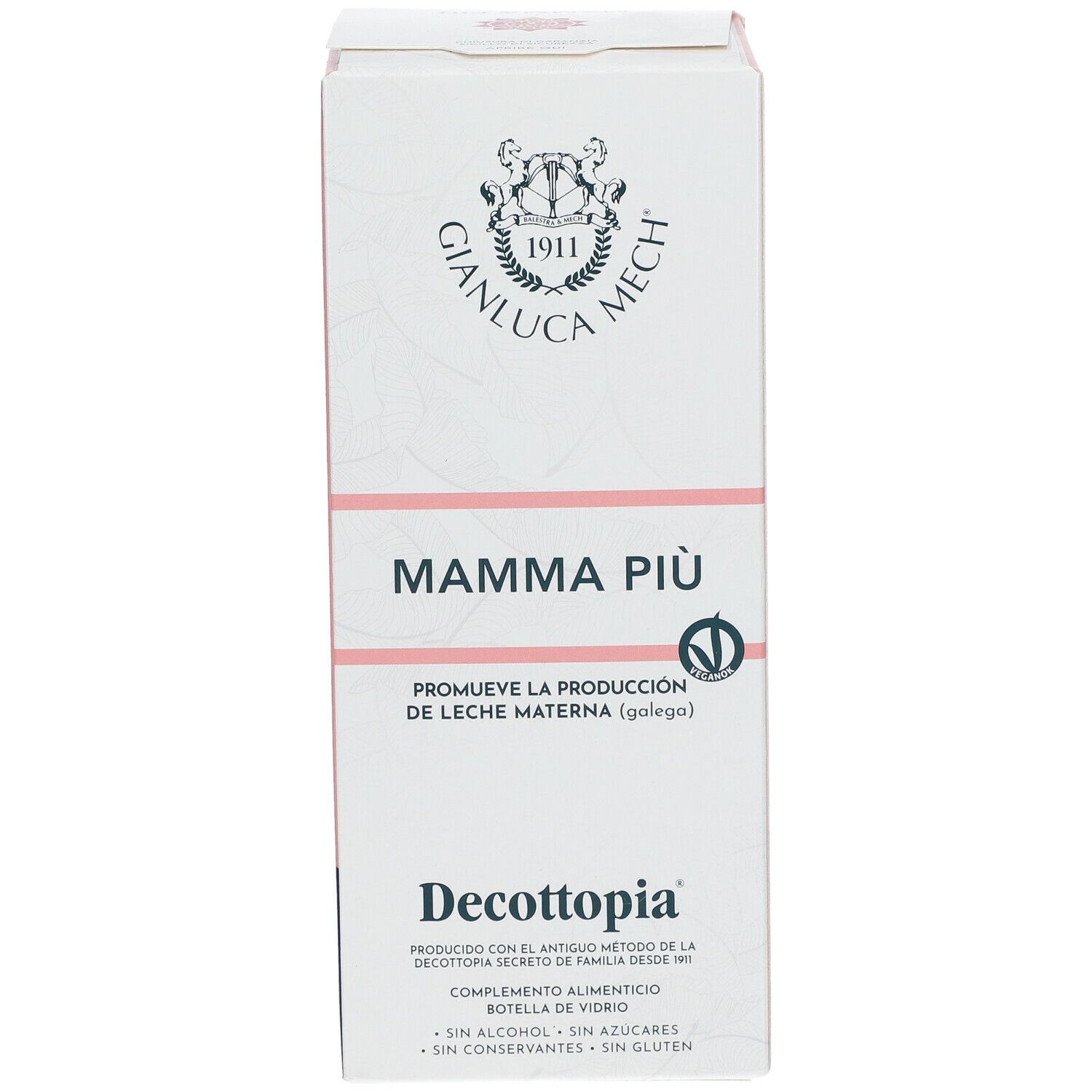 Confezione Mamma Più, logo e testo. Sigillo vegano. Colori rosa e bianco. Testo in italiano.