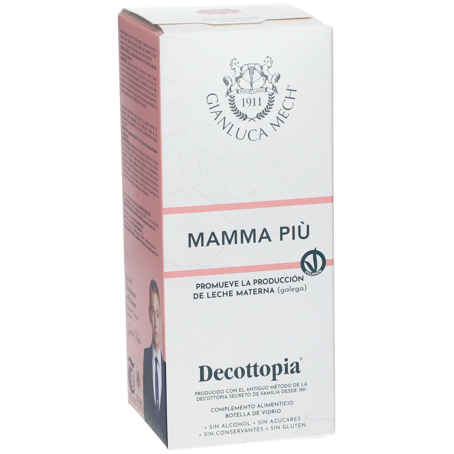 Confezione Mamma Più, logo e testo. Colori rosa e bianco. Testo in italiano. Immagine di un uomo.
