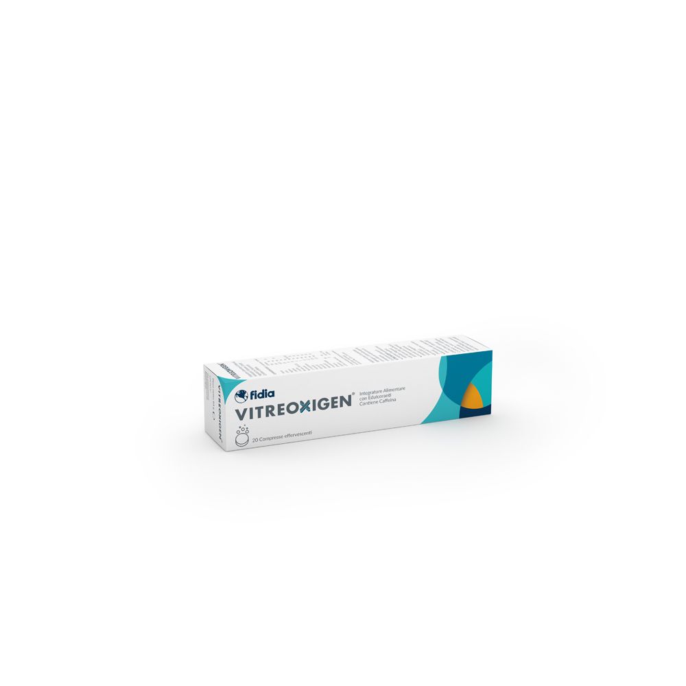 Scatola di compresse VITREOXIGEN. Bianca, con accenti blu e gialli e nome del prodotto. Logo Fidia.