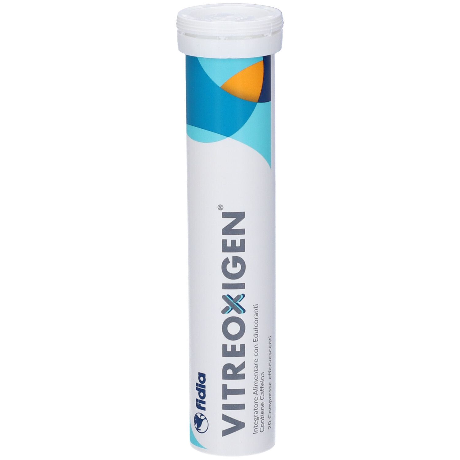 Tubo cilindrico di compresse VITREOXIGEN. Bianco, accenti blu e gialli, nome del prodotto e logo Fidia. Con coperchio.