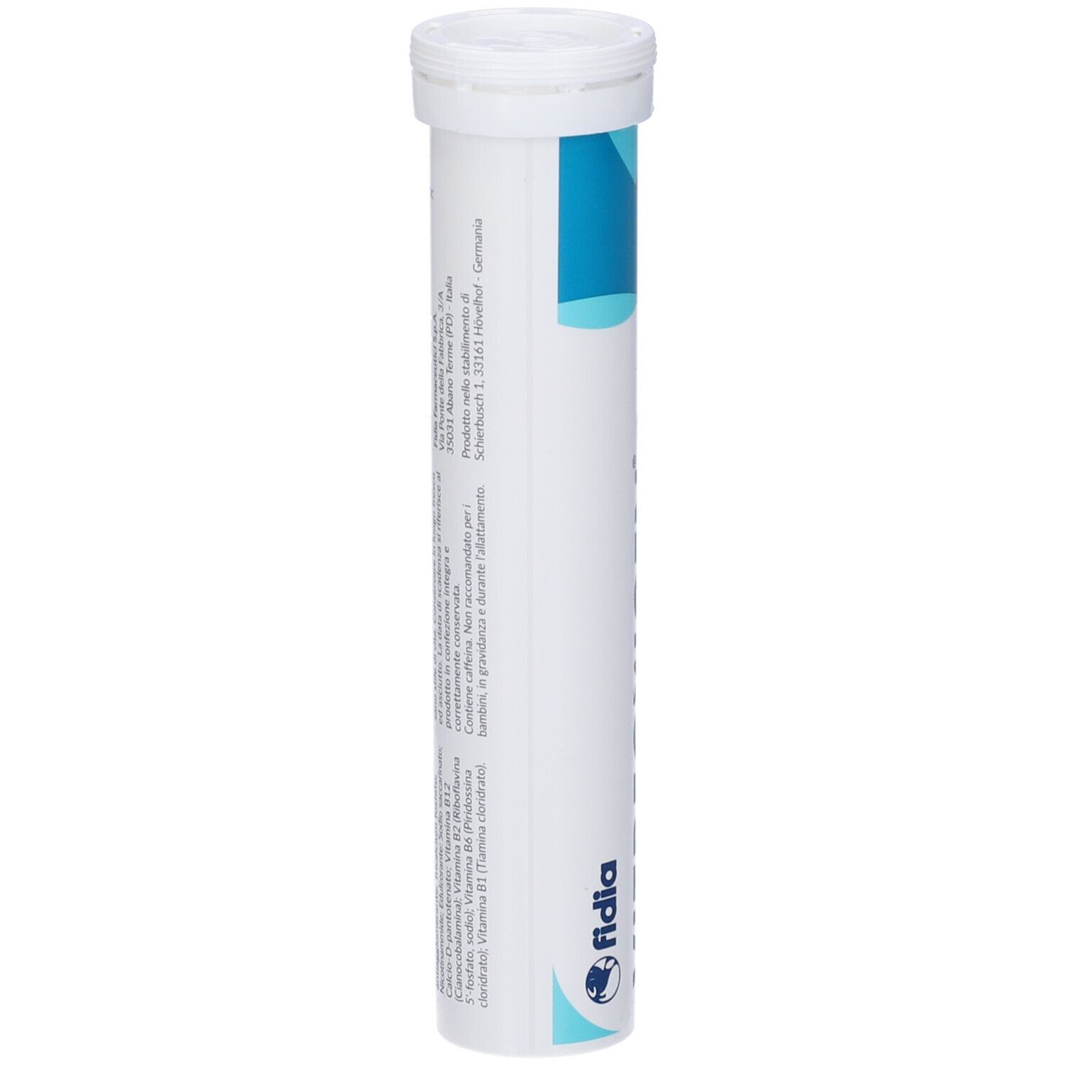Tubo cilindrico di compresse VITREOXIGEN. Bianco, con testo e logo Fidia. Con coperchio.