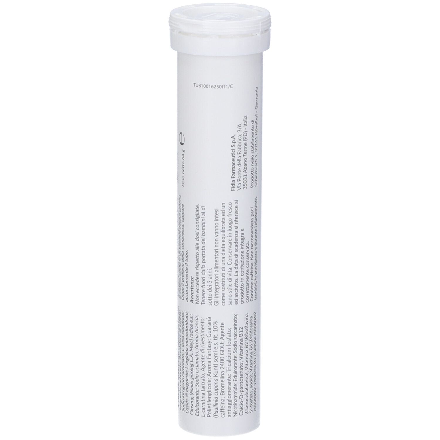 Tubo cilindrico di compresse VITREOXIGEN. Bianco, con testo e logo Fidia. Con coperchio.
