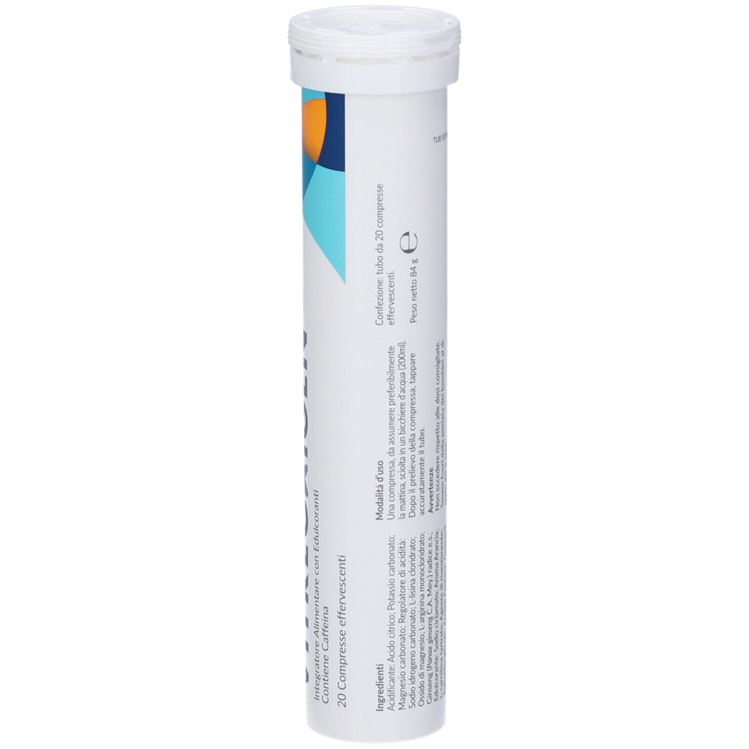 Tubo cilindrico di compresse VITREOXIGEN. Bianco, con testo e logo Fidia. Con coperchio.