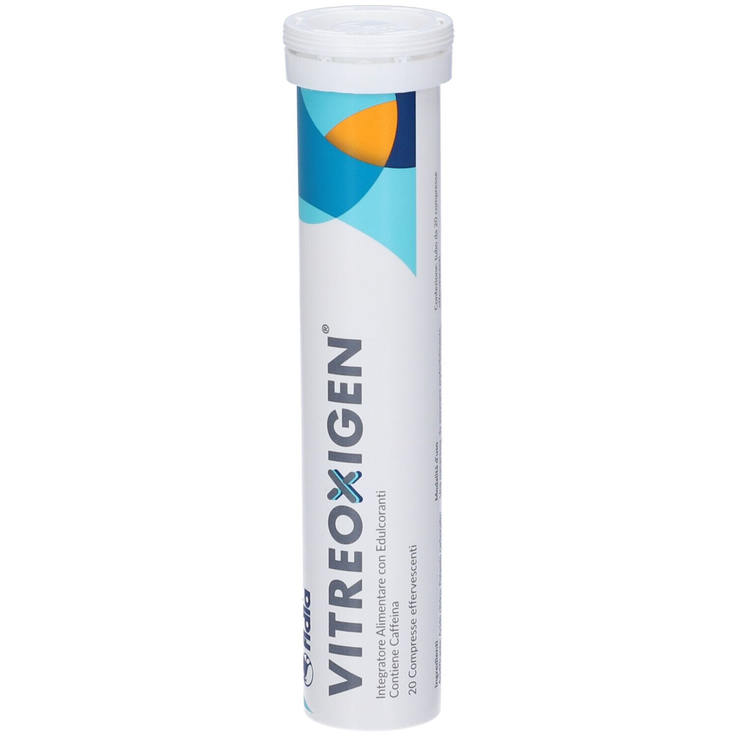 Tubo cilindrico di compresse VITREOXIGEN. Bianco, con testo e logo Fidia. Con coperchio.