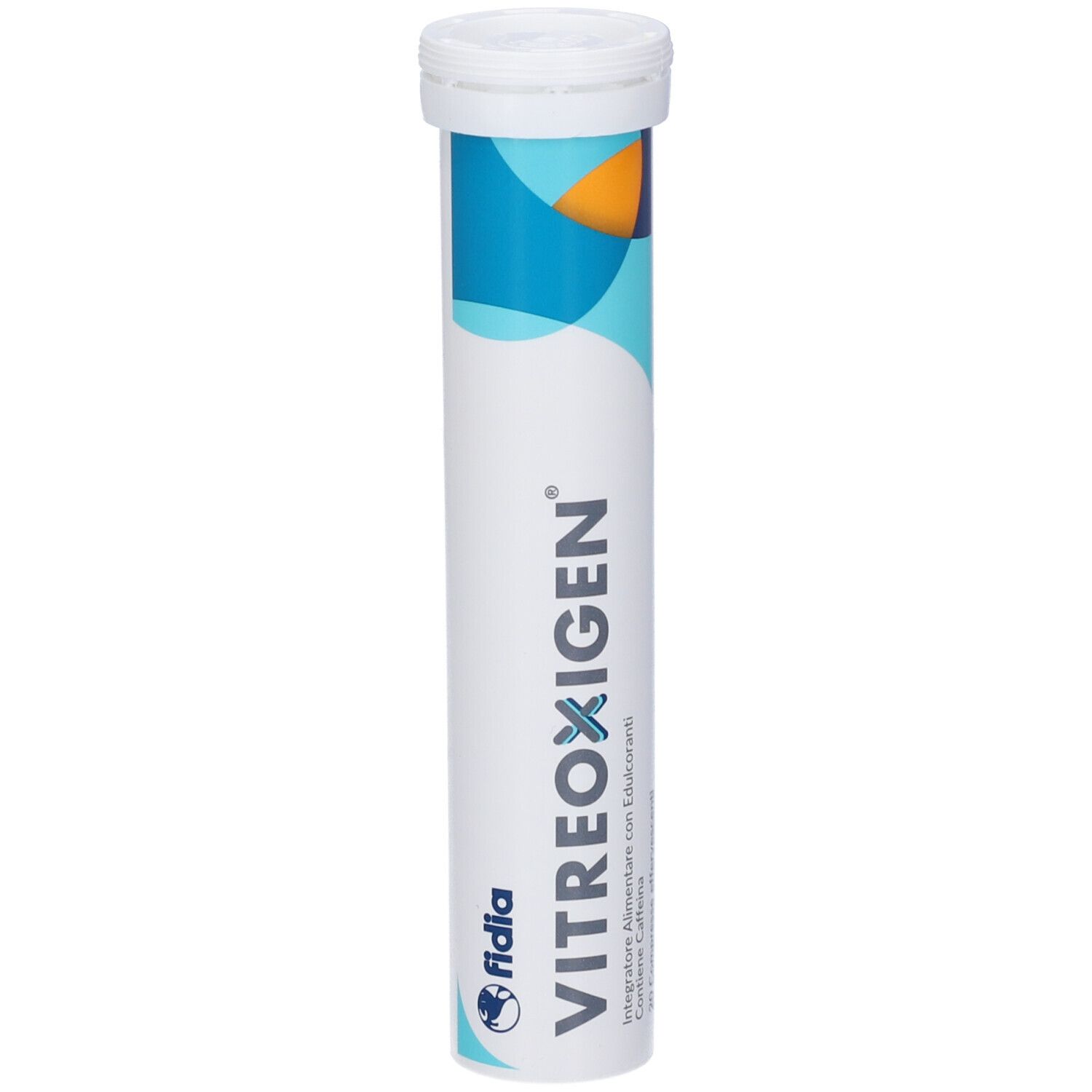 Tubo cilindrico di compresse VITREOXIGEN. Bianco, con testo e logo Fidia. Con coperchio.