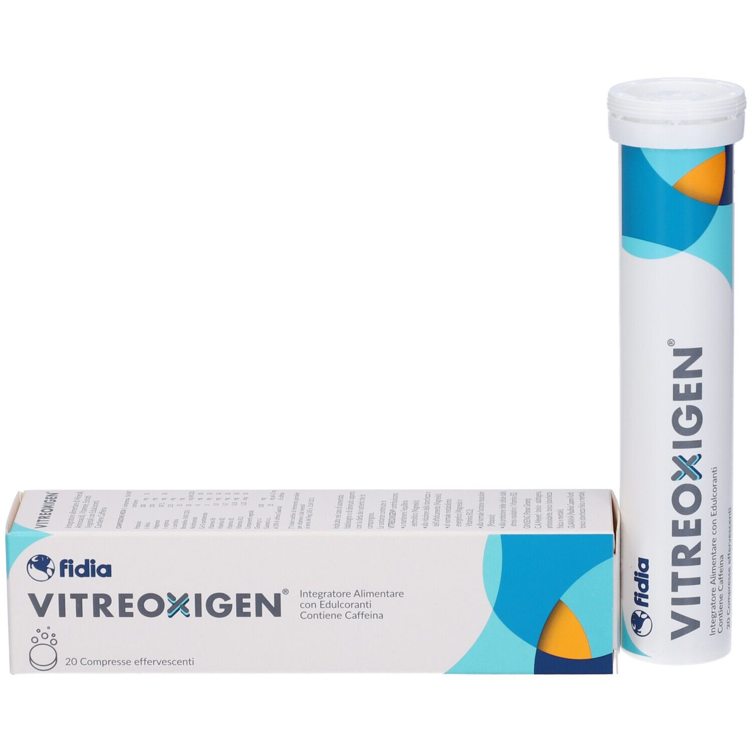 Tubo cilindrico e scatola di compresse VITREOXIGEN. Bianco, accenti blu e gialli, nome e logo Fidia.