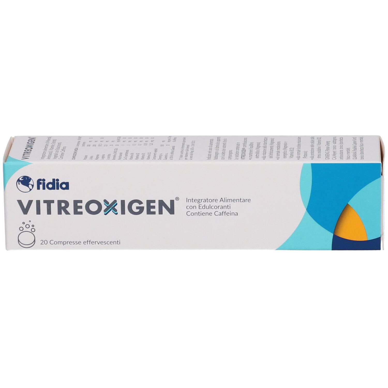 Scatola di compresse VITREOXIGEN. Bianca, con accenti blu e gialli e nome del prodotto. Logo Fidia.