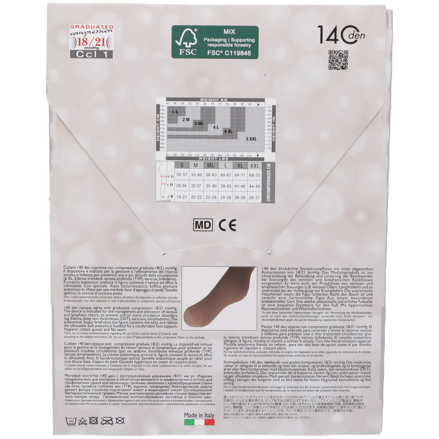 Rückseite der Verpackung. Enthält Größentabelle, Produktinformationen und Zertifizierungen.