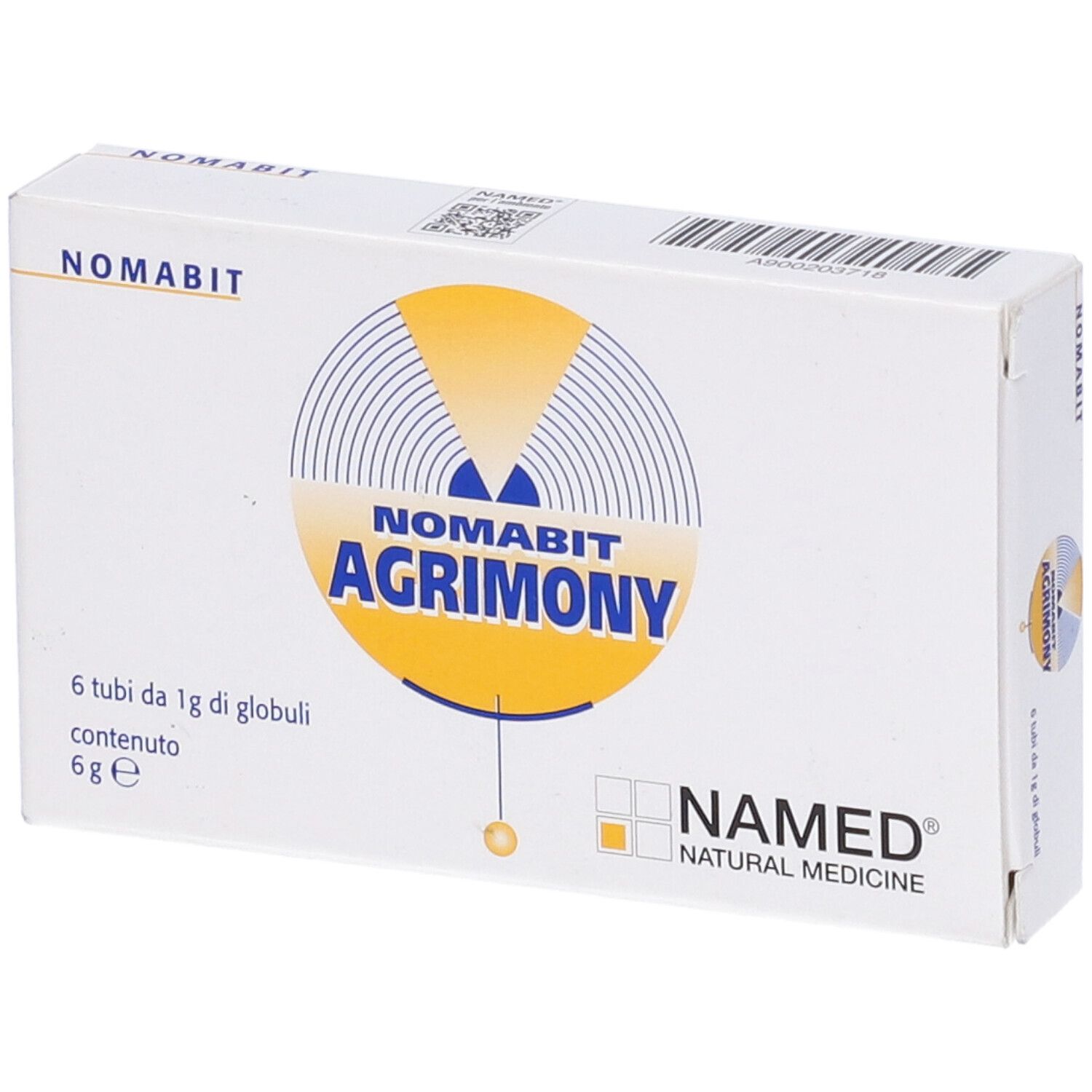 Scatola bianca con logo NOMABIT AGRIMONY. Contiene 6 tubi di globuli. Logo NAMED.
