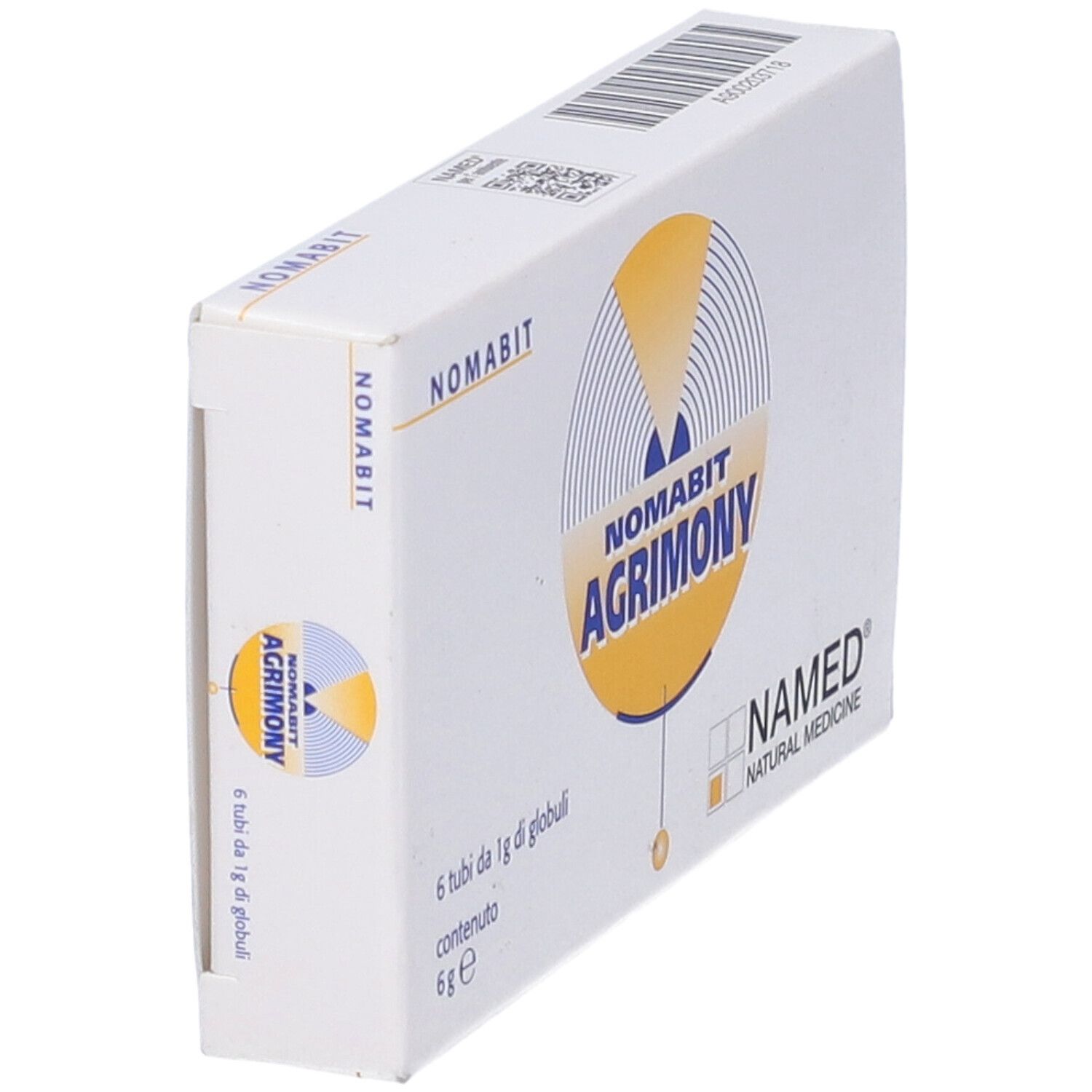 Scatola con logo NOMABIT AGRIMONY. Contiene 6 tubi di globuli. Logo NAMED. Vista prospettica.