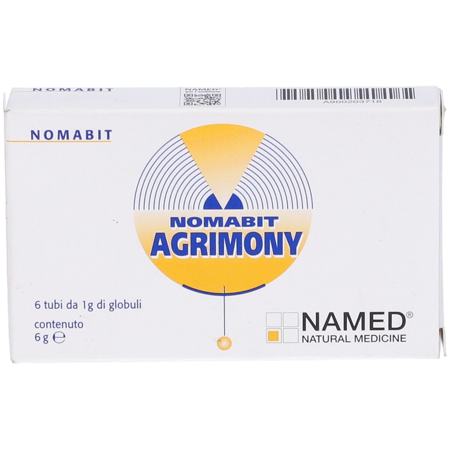 Scatola bianca con logo NOMABIT AGRIMONY. Contiene 6 tubi di globuli. Logo NAMED.