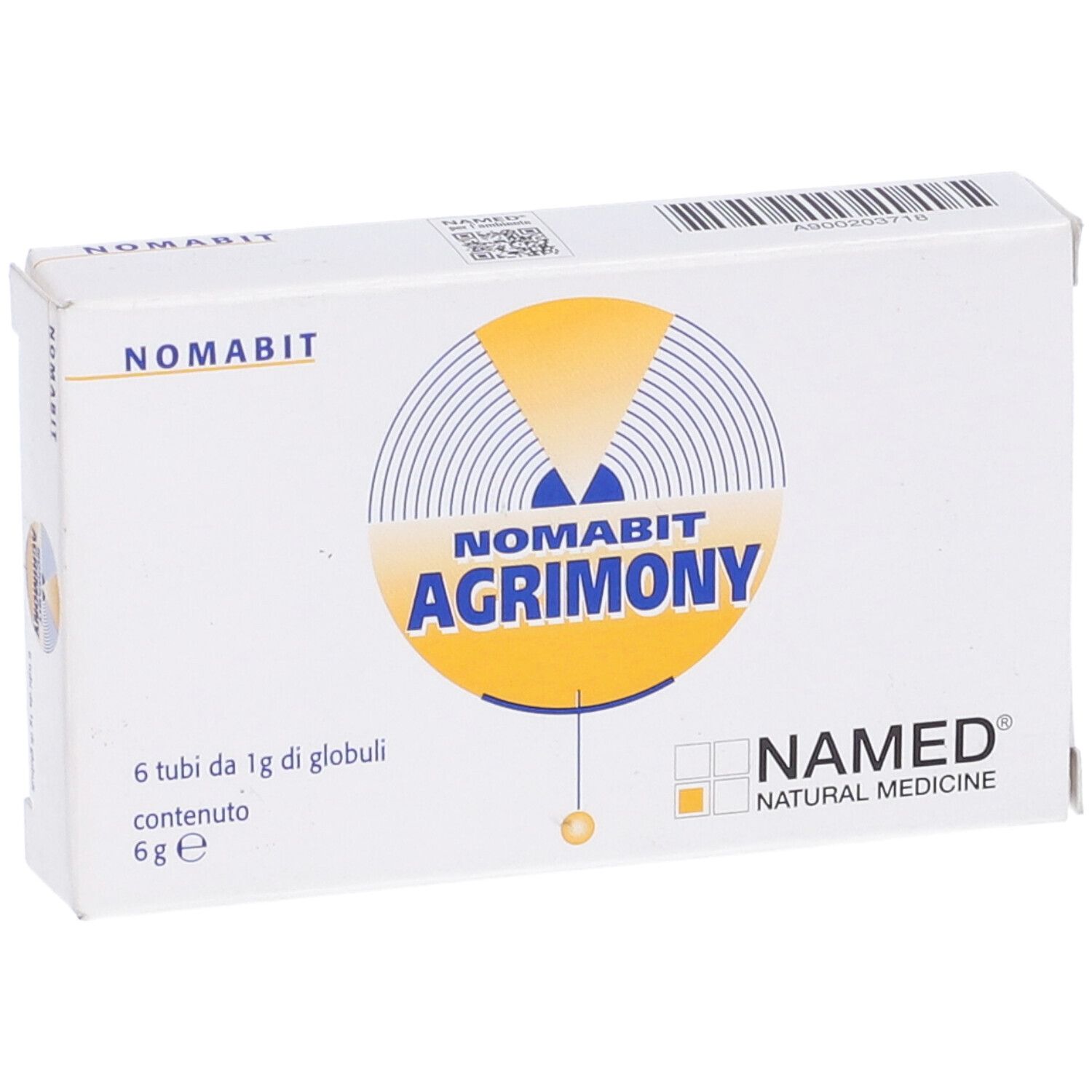 Scatola bianca con logo NOMABIT AGRIMONY. Contiene 6 tubi di globuli. Logo NAMED.