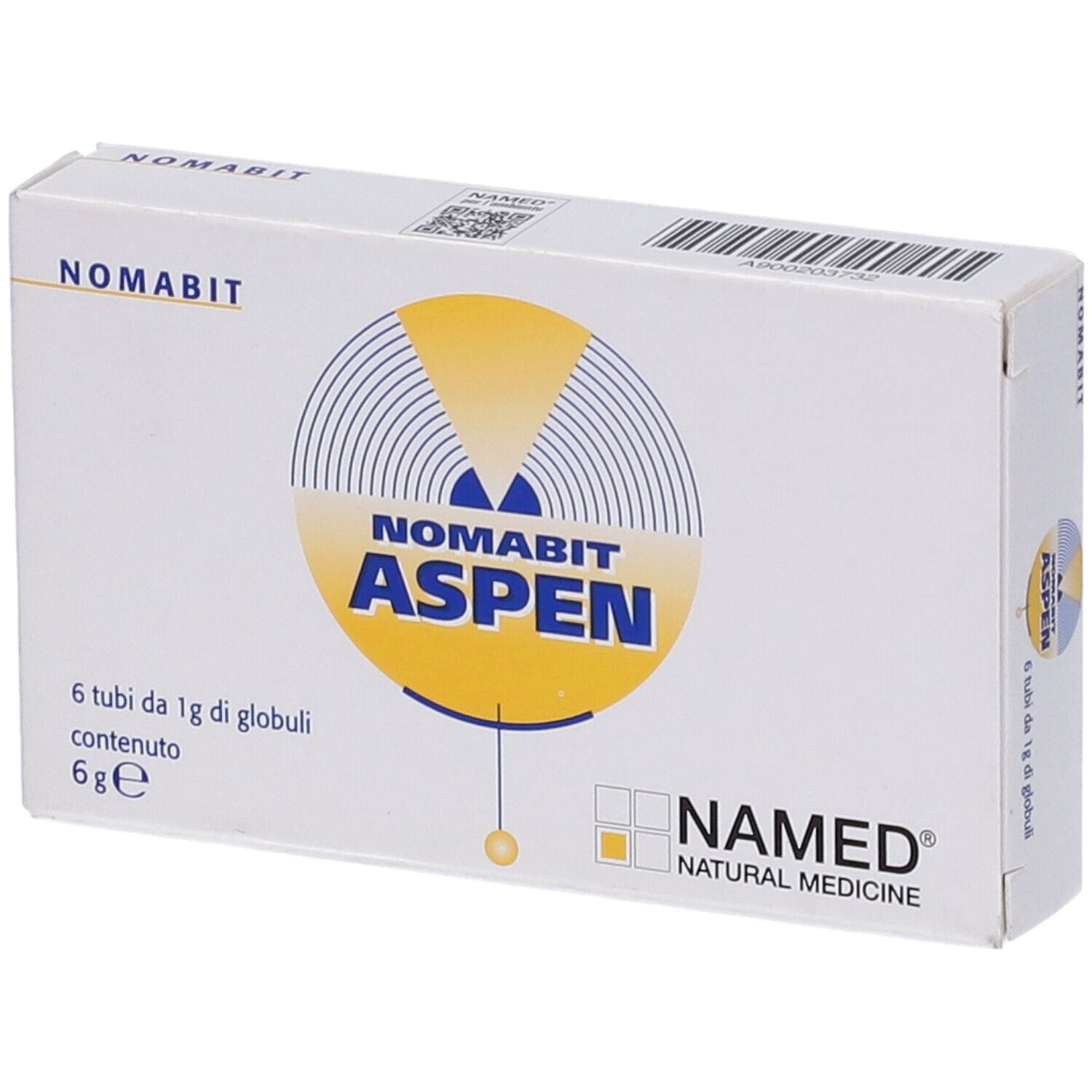 Scatola bianca Nomabit Aspen Globuli 6 G. Stampa: NAMED Natural Medicine, 6 tubi.