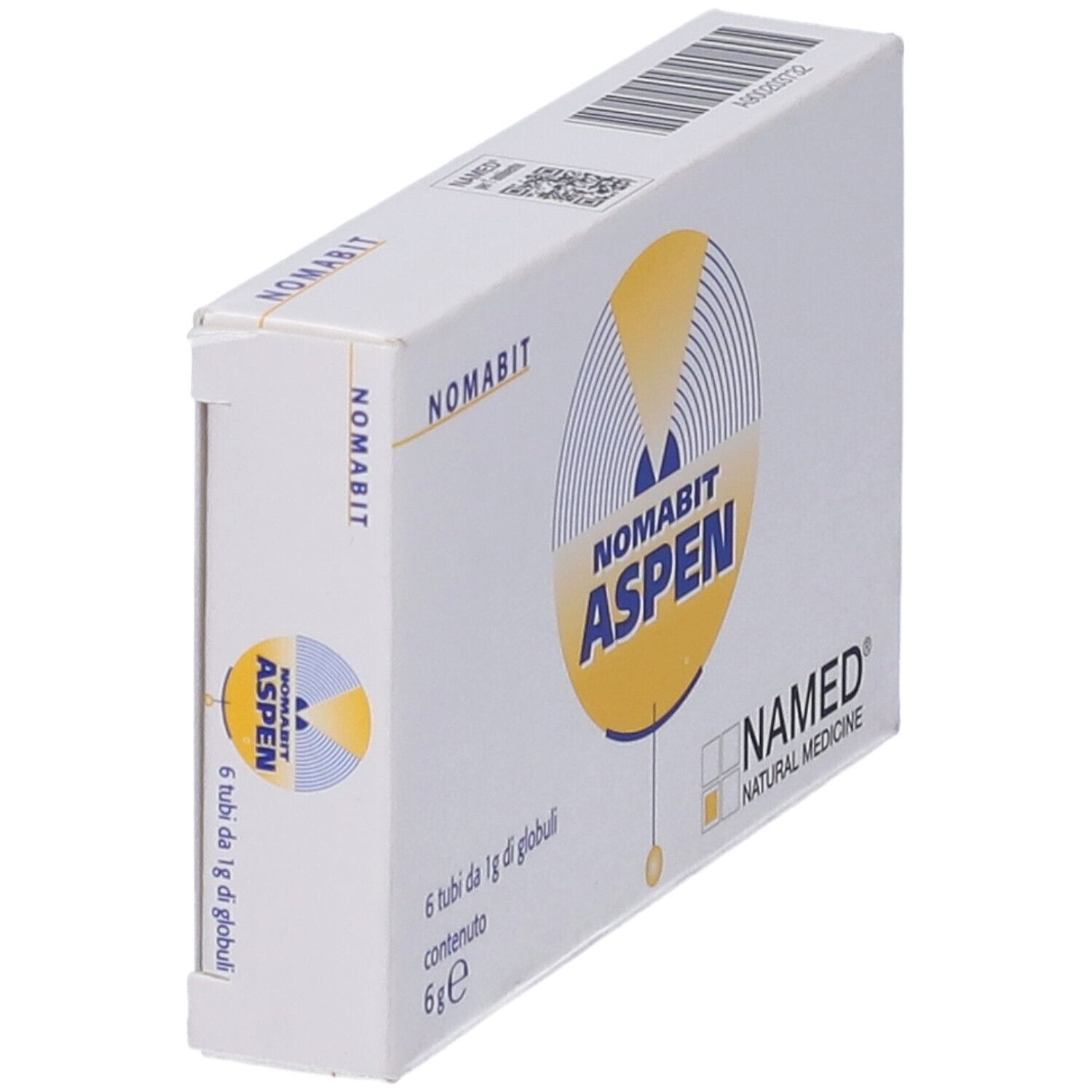 Scatola Nomabit Aspen Globuli 6 G. Retro con ingredienti e informazioni nutrizionali.