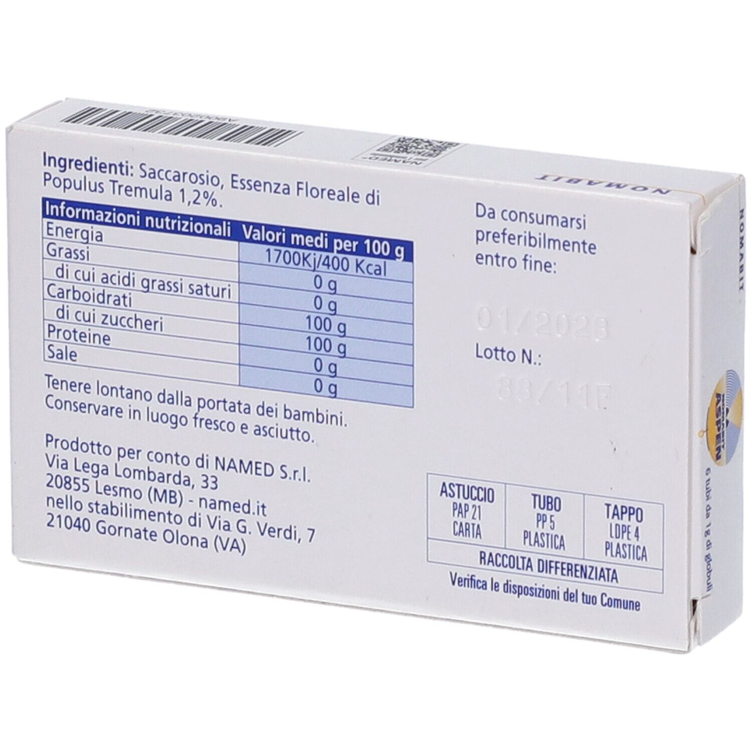 Scatola Nomabit Aspen Globuli 6 G. Retro con ingredienti e informazioni nutrizionali.