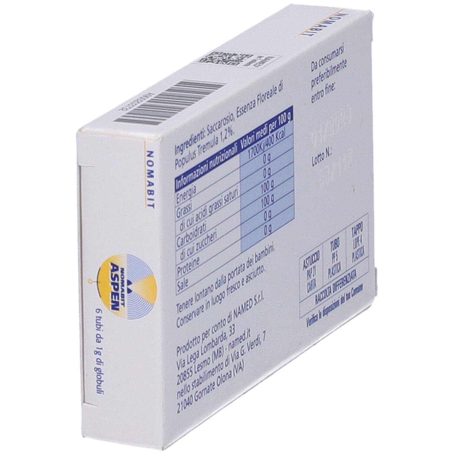 Scatola bianca Nomabit Aspen Globuli 6 G. Stampa: NAMED Natural Medicine, 6 tubi.