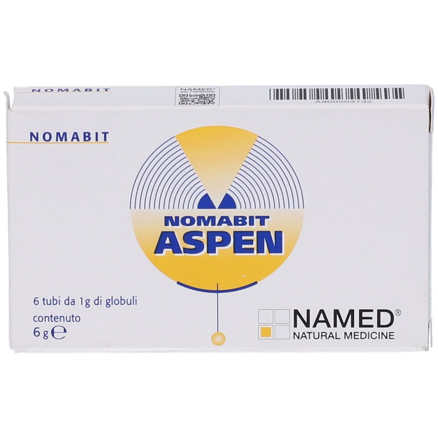 Scatola bianca Nomabit Aspen Globuli 6 G. Stampa: NAMED Natural Medicine, 6 tubi.