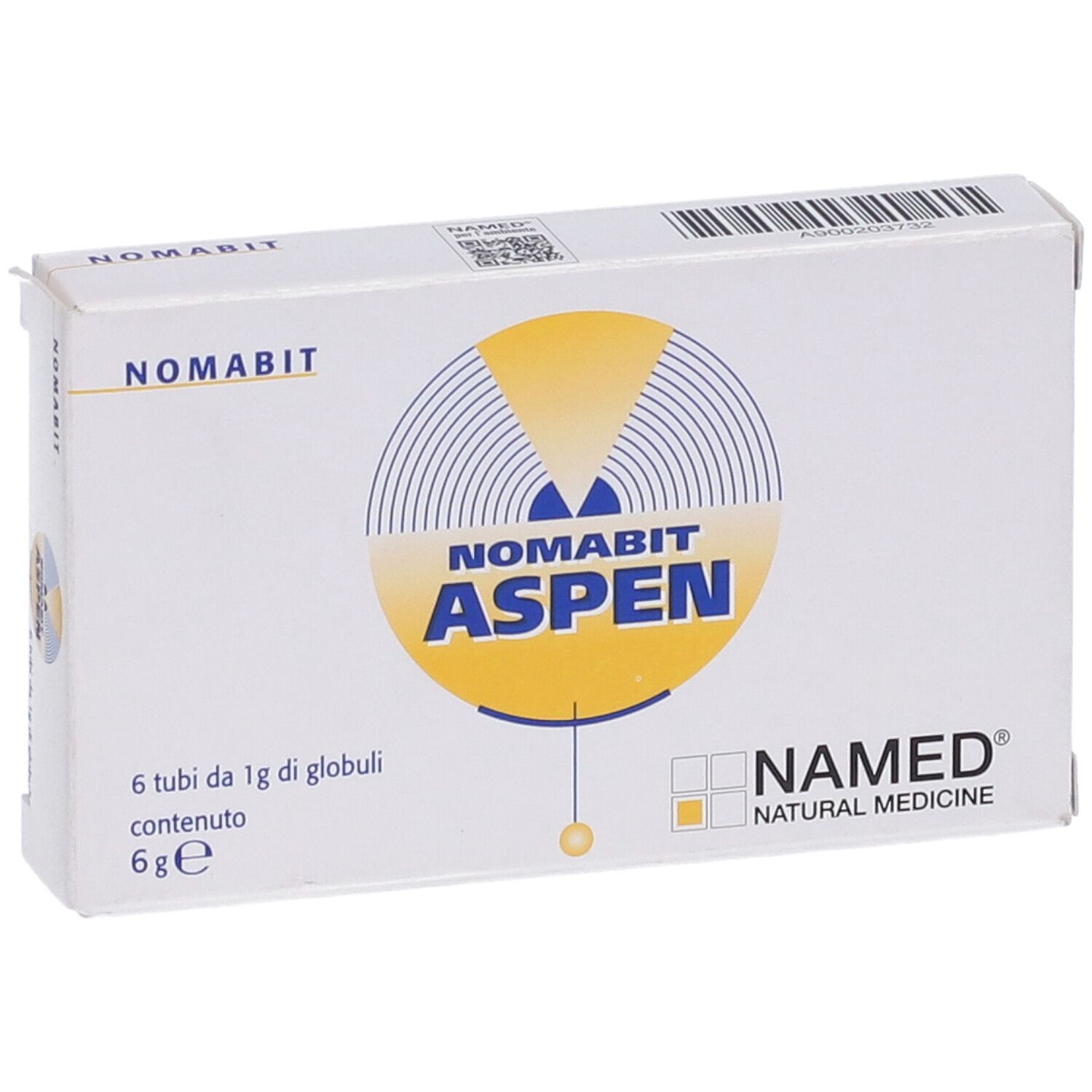 Scatola bianca Nomabit Aspen Globuli 6 G. Stampa: NAMED Natural Medicine, 6 tubi.
